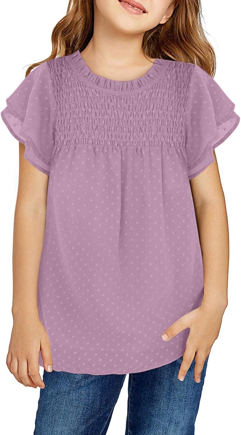 Dokotoo Girls Crewneck Lace Crochet Pom Pom Flowy Short Sleeve Casual Shirts Blouses Tops
