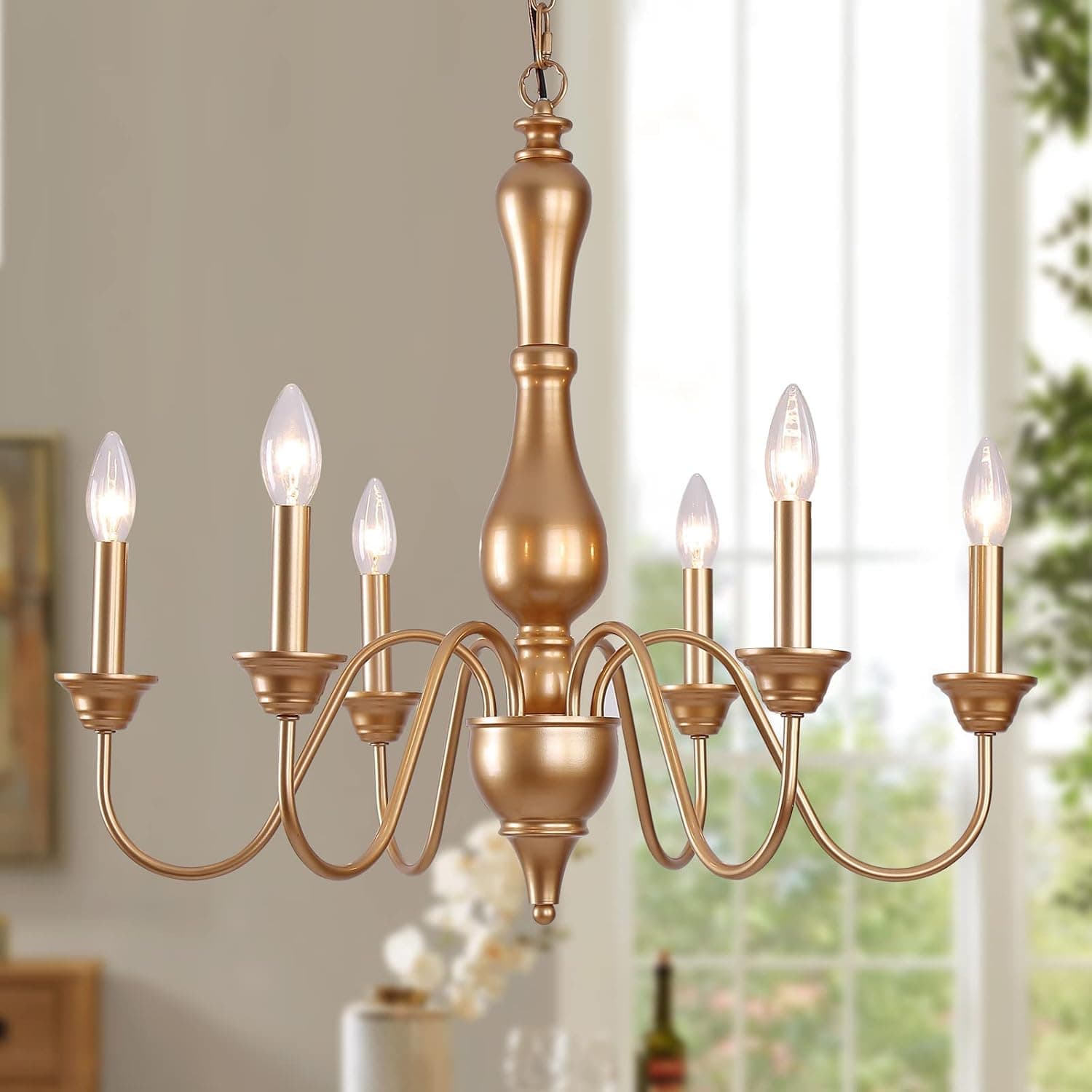 MEIXISUE Gold Modern French Country Chandelier Light Fixture, 6-Lights Farmhouse Metal Candle Chandelier Pendant Light Fixtures for Kitchen Island Dining Room Living Room Bedroom Foyer UL Listed