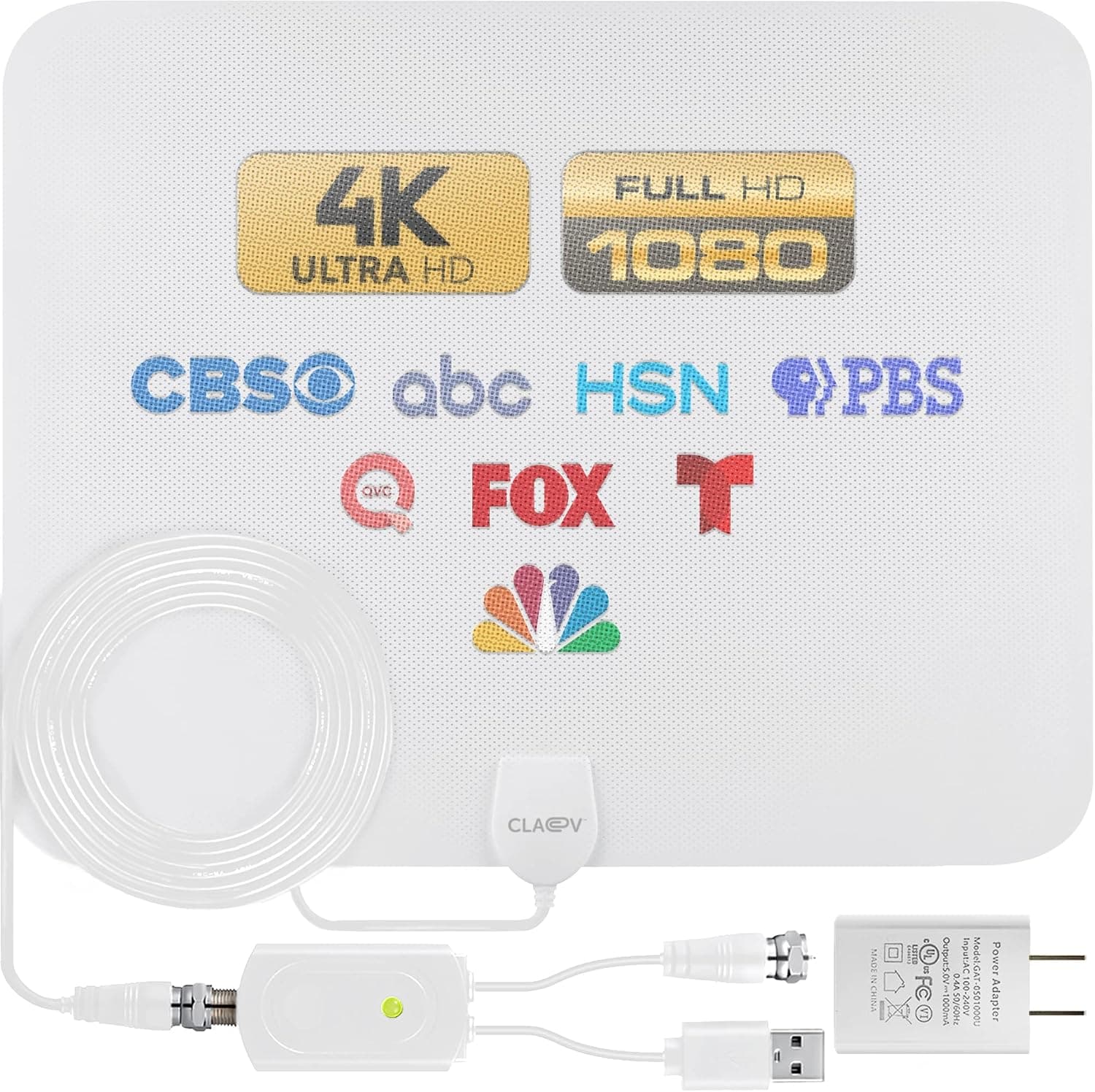 [Advanced 2022 Chip] HDTV Antenna; Long Range 330 Miles Reception, White Indoor Antenna; Power Amplifier for Signal Boost; 16.5 ft Coaxial Cable; Supports All HD Digital TV formats; Claev USA