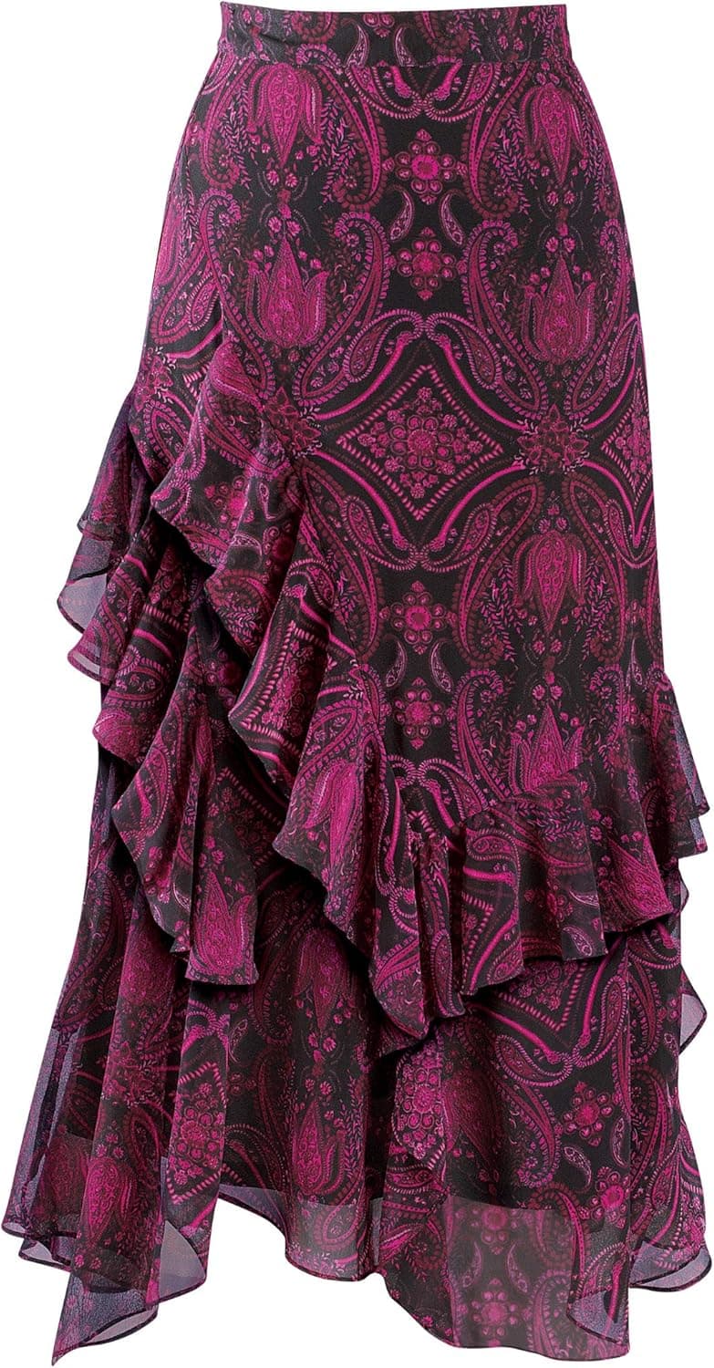 Collections Etc Paisley and Medallion Printed Tiered Skirt with Asymmetrical Ruffles