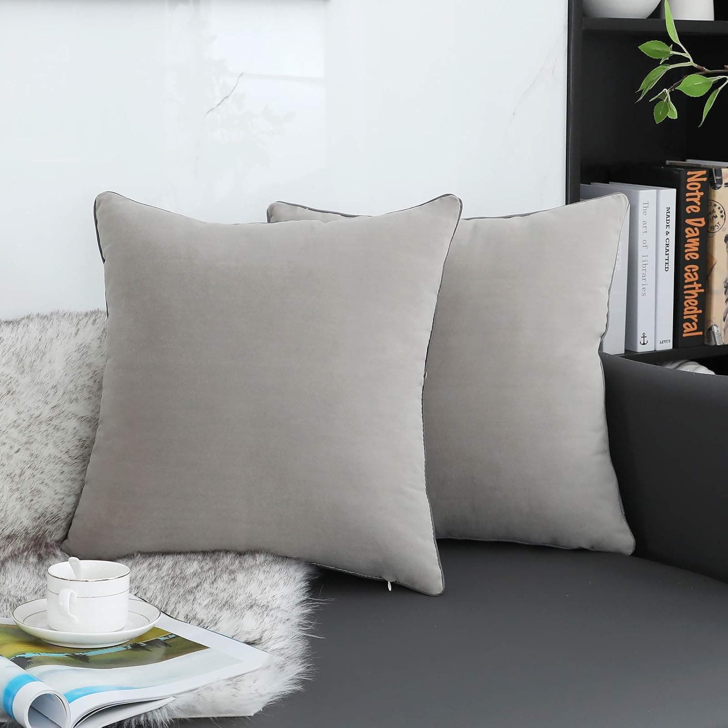 QOPOYU Pack of 2 Decorative Velvet Throw Pillow Covers Soft Solid Square Pillowcase for Sofa livingroom Bedroom Couch (18x18 Inch Light Gray)