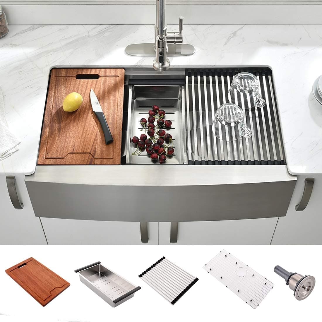 33 Inch Farmhouse Sink -VOKIM 33 Stainless Steel Farmhouse Apron Front Sink Worksatation 16 Gauge Double steps Handmade Single Bowl Undermount Kitchen Farm Sink