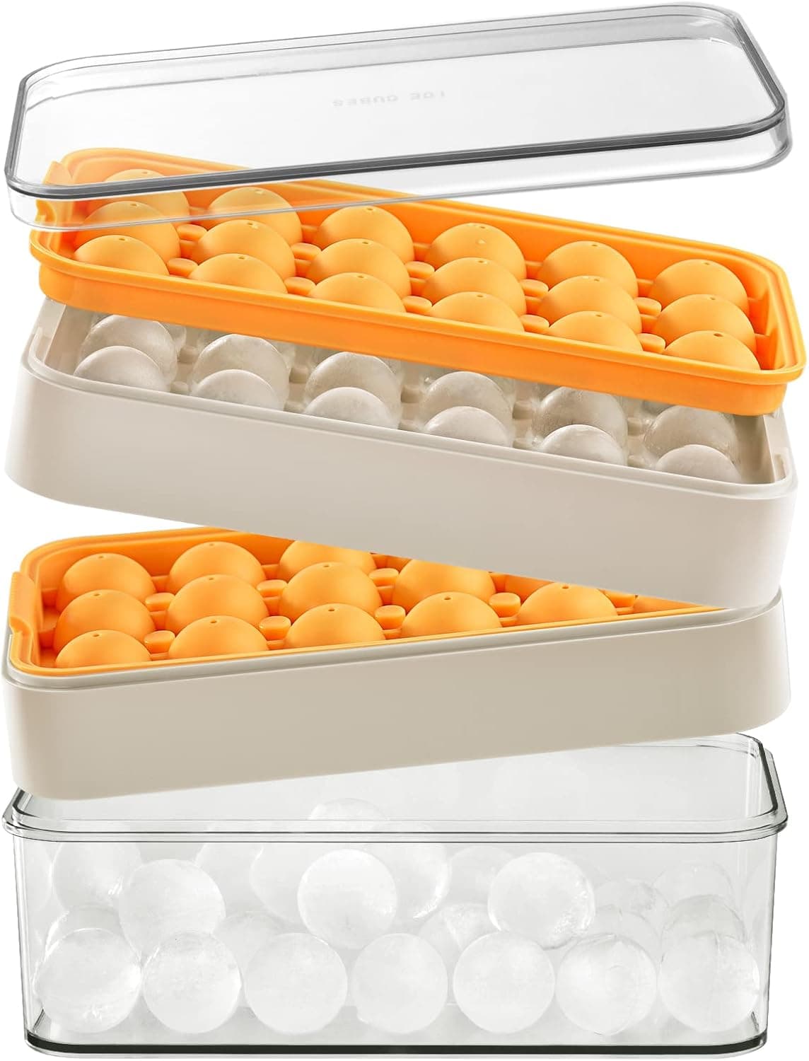 longzon Round Ice cube Trays for Freezer,Easy-Release Silicone,Circle Ice cube tray Making Sphere Ice with Removable Lid,BPA Free,for Cocktail,Whiskey Tea Coffee 2 Trays 1 ice Bucket & Scoop [2 pack]