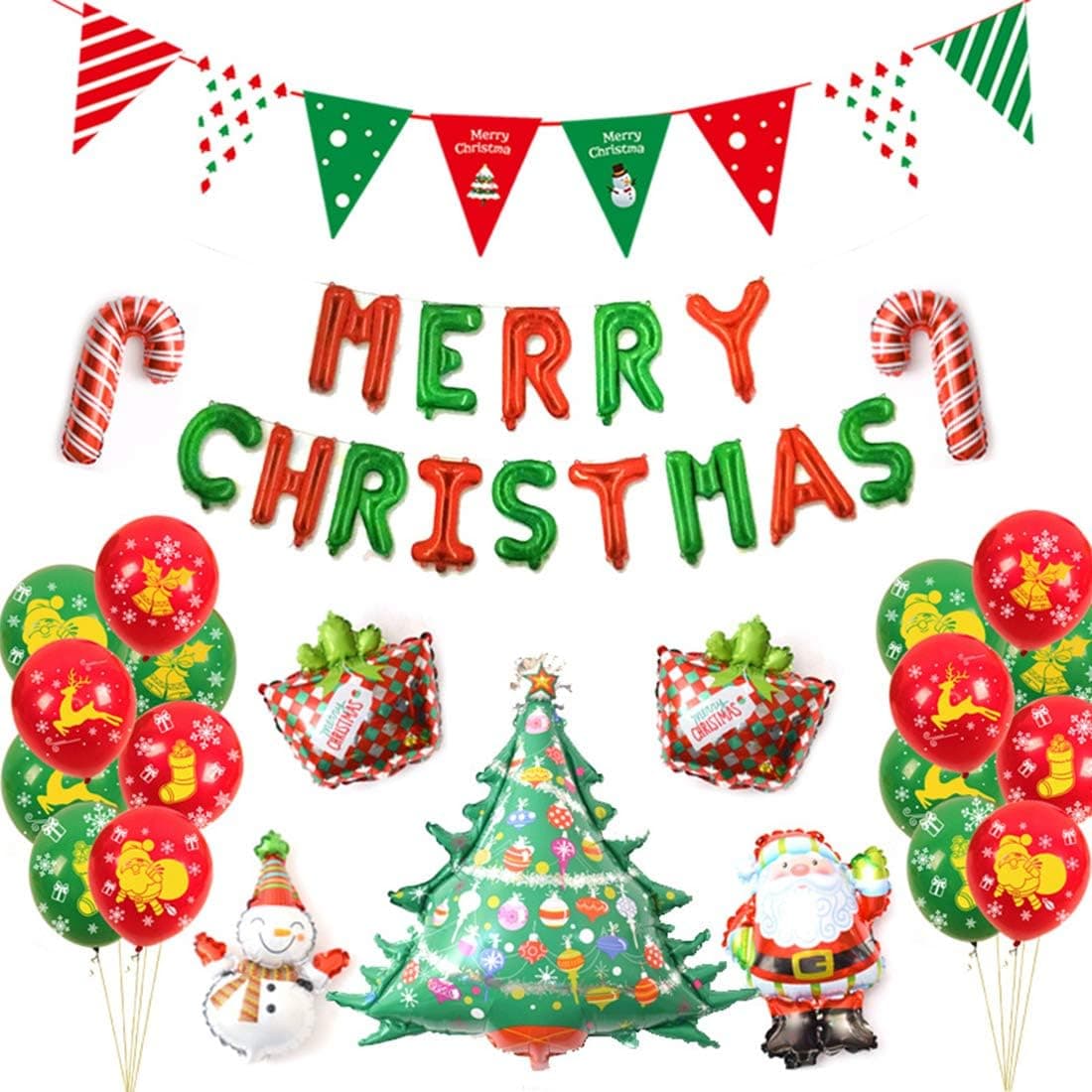 Merry Christmas Balloons Party Decorations Set, 12 Inches Confetti Green & Red Latex Balloons, Aluminum Foil Santa Claus,Tree,Christmas Banner (Style1-25pcs)