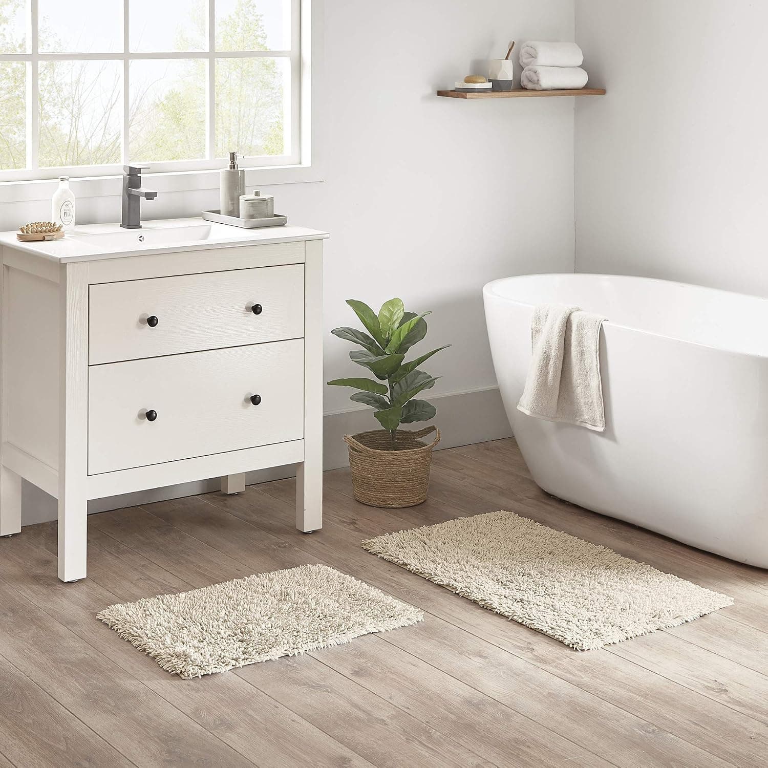 Madison Park Elements 100% Organic Cotton Bathroom Rug Non Slip Backing - Luxrurious Fringe Texture Natural Bath Mat Absorbent, Quick Dry, Vintage Shower Room Décor, 17" x 24"/20" x 32", 2 Piece