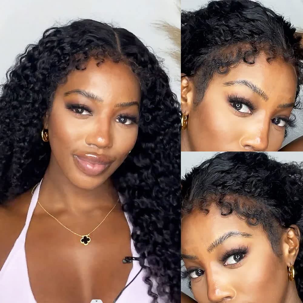 youleas 13x4 Kinky Curly Edges Baby Hair Lace Wig Deep Wave Curly Lace Front Human Hair Wigs Curly Edges Hairline Transparent HD Lace Frontal Wig (16inches)