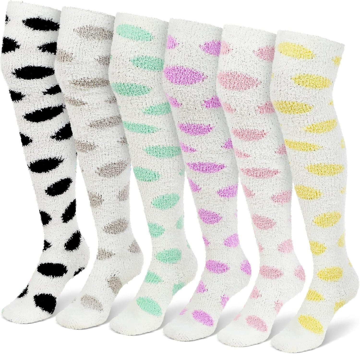 6 Pairs Womens Long Fuzzy Socks Cute Cartoon over Knee Socks Thigh High Stockings Fluffy Coral Fleece Striped Socks