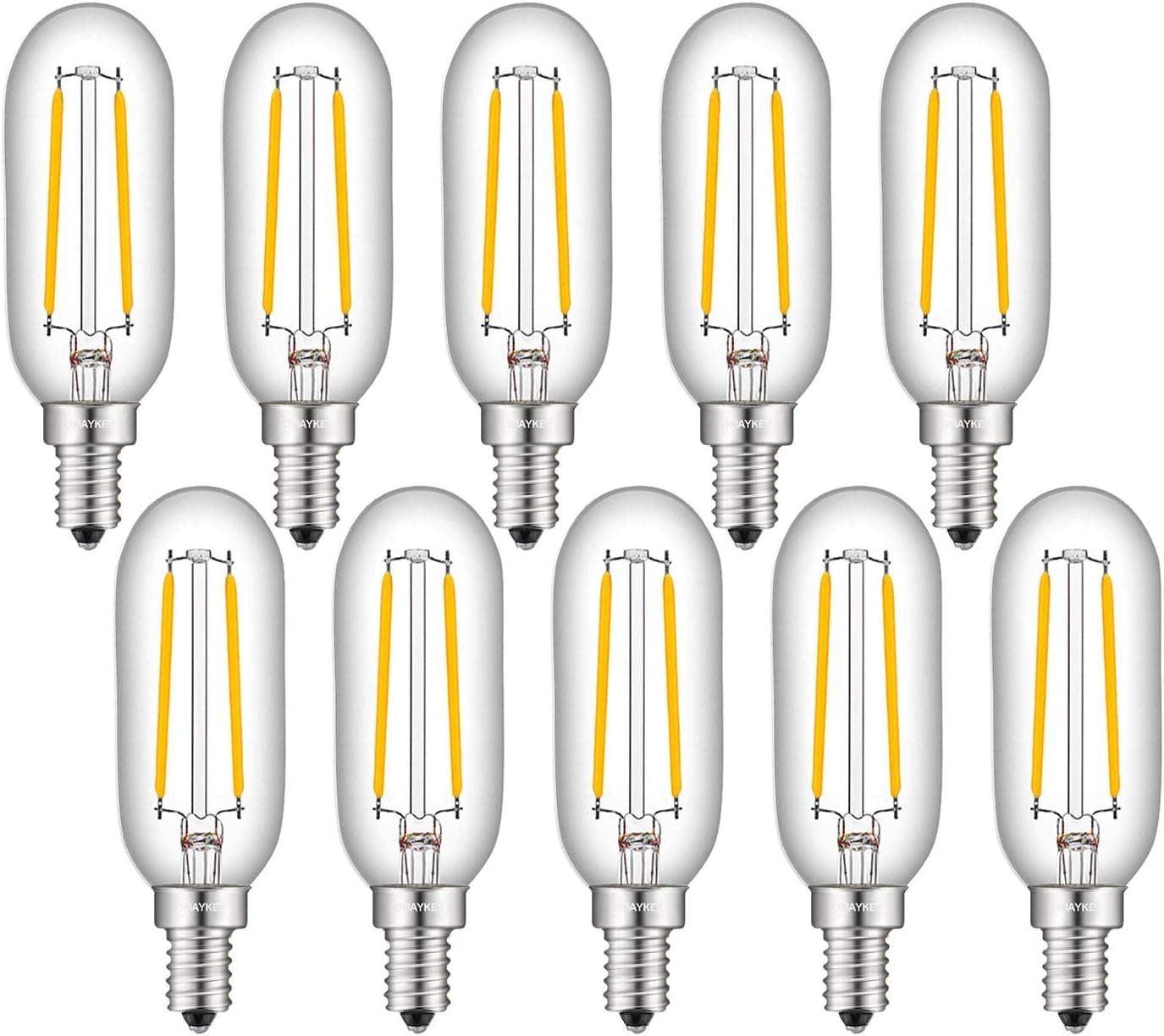 OMAYKEY 2W LED Candelabra Bulb 3000K Soft White, 25W Equivalent 250 Lumen, E12 Base Vintage Edison T25 Mini Tubular Clear Glass LED Filament Chandelier Light Bulbs, Non-dimmable, 10 Pack