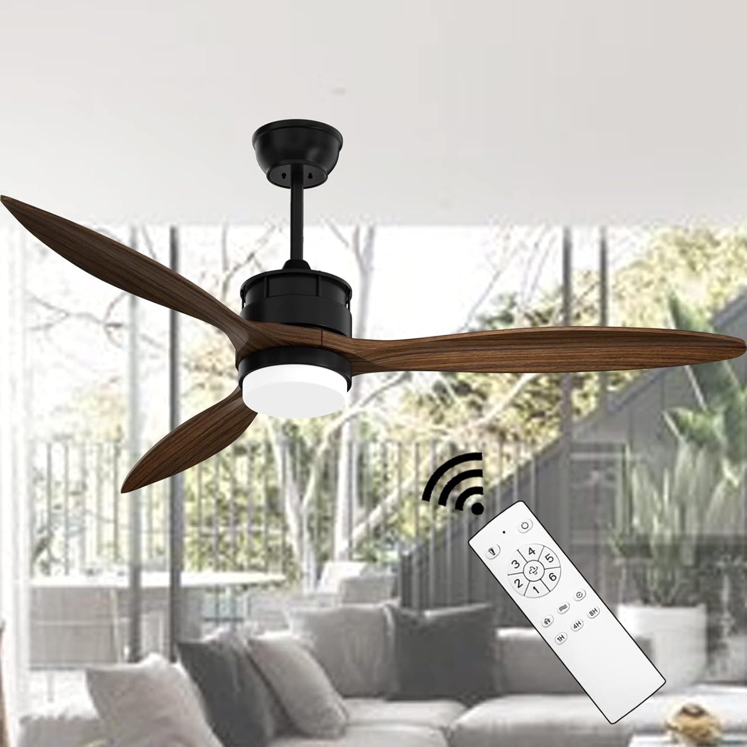 Obabala 60" Outdoor Ceiling Fan with Lights and Remote Control - 3 Wooden Blade Ceiling Fans with LED Lights - 6 Speed ​​Reversible DC Motor and Matte Black