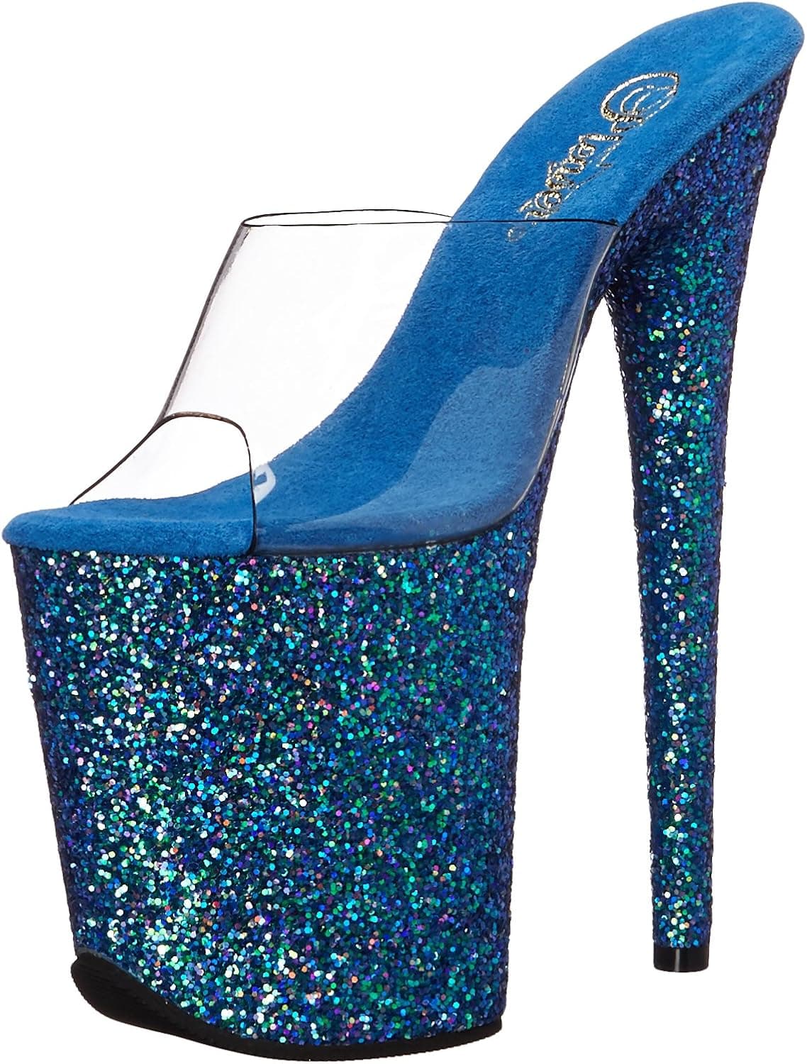 Pleaser Women's Flam801lg/c/blg Platform Sandal, Clr/Blue Holo Glitter, 8 M US