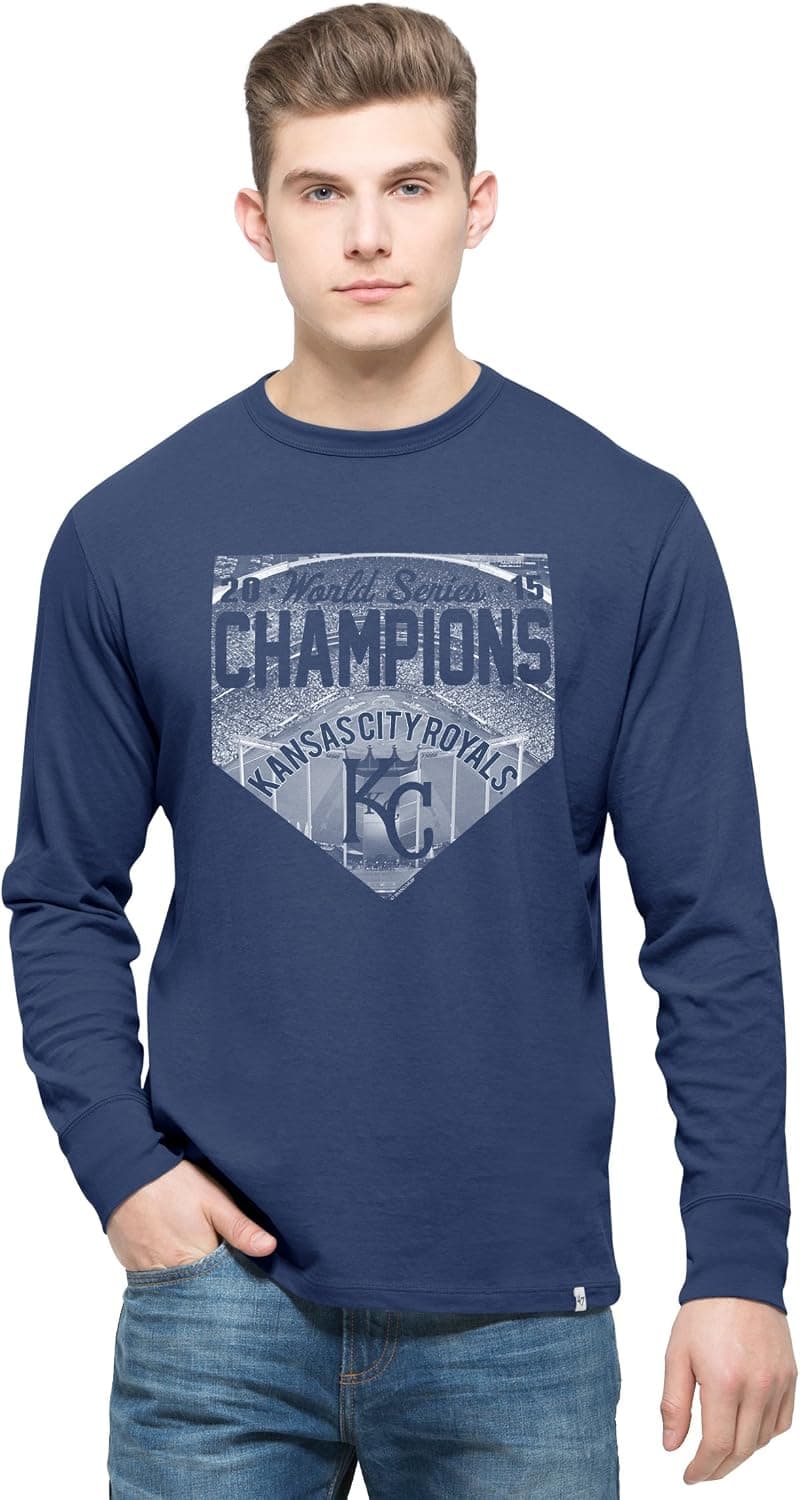 MLB Kansas City Royals Men's 2015 World Series Champions '47 Crosstown Long Sleeve Flanker Tee, Bleacher Blue, Large,Bleacher Blue