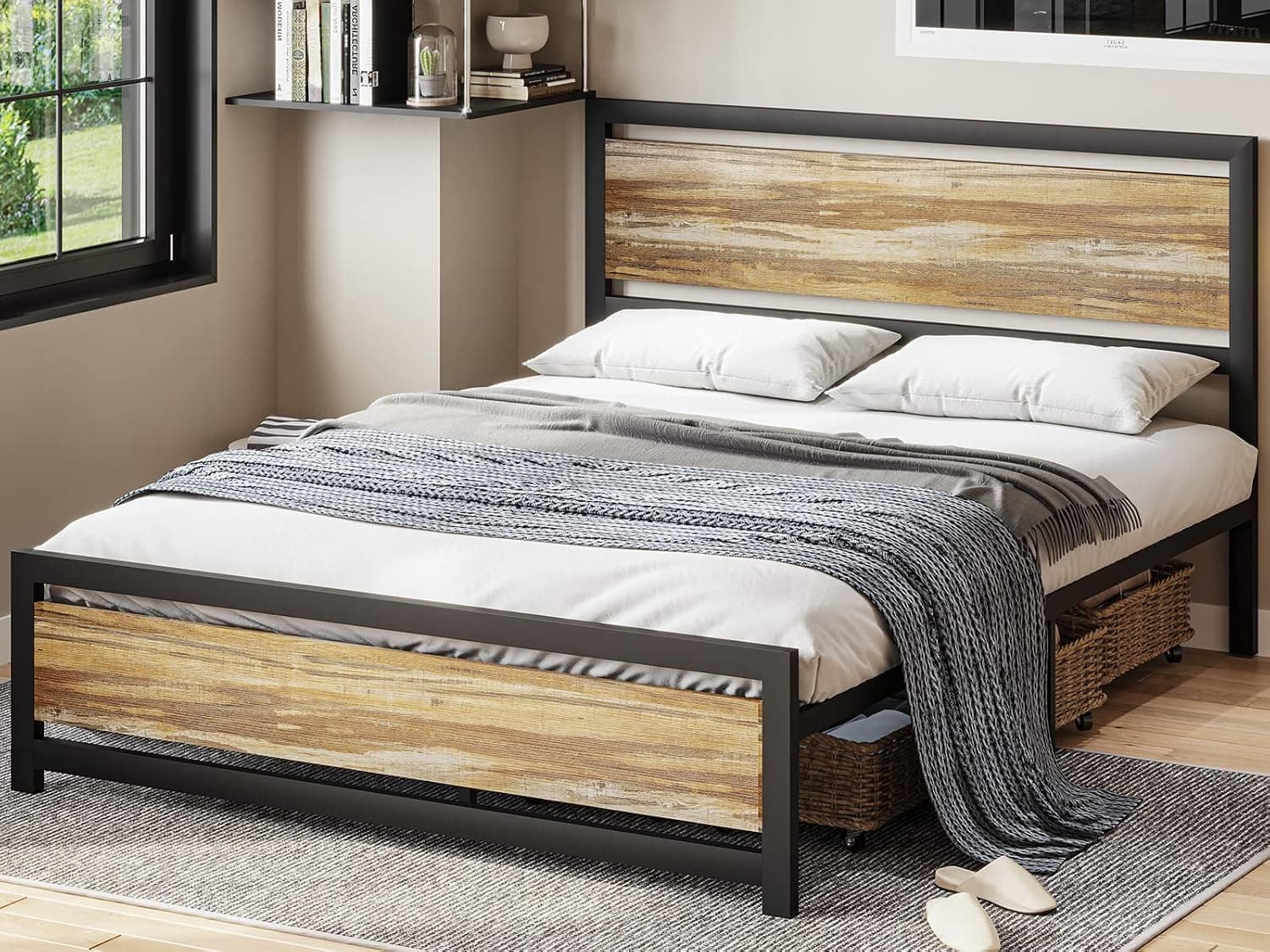 ADORNEVE Queen Size Bed Frame with Headboard, Rustic Metal Bed Frame, Platform Bed Frame Premium Stable Steel Slat Support Under Bed Storage Space/Easy Assembly and No Box Spring Needed