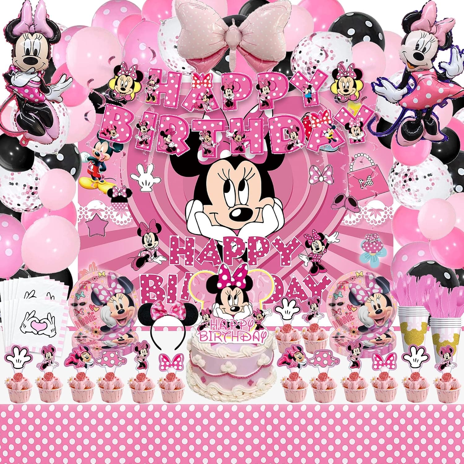 156pcs Birthday Party Supplies With Balloon，Cake Toppers, Pennants, Plastic Swirls, Tableware，Hair Accessories,Paper Cup，Tablecloth, Backdrop For Pink Theme Party