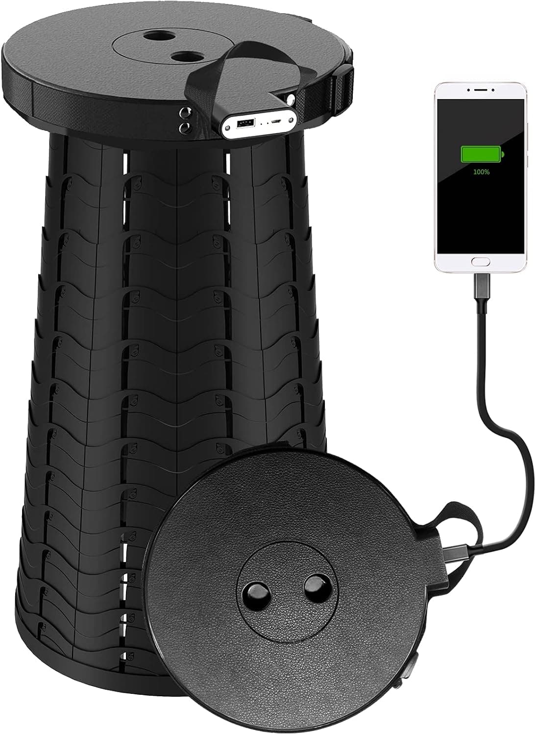 Arcwares Portable Charging Stool with Power Bank and USB Nightlight, Collapsible Retractable Folding Camping Stool Seat for Indoor Outdoor, 4400 mAh Charger for iPhone Android