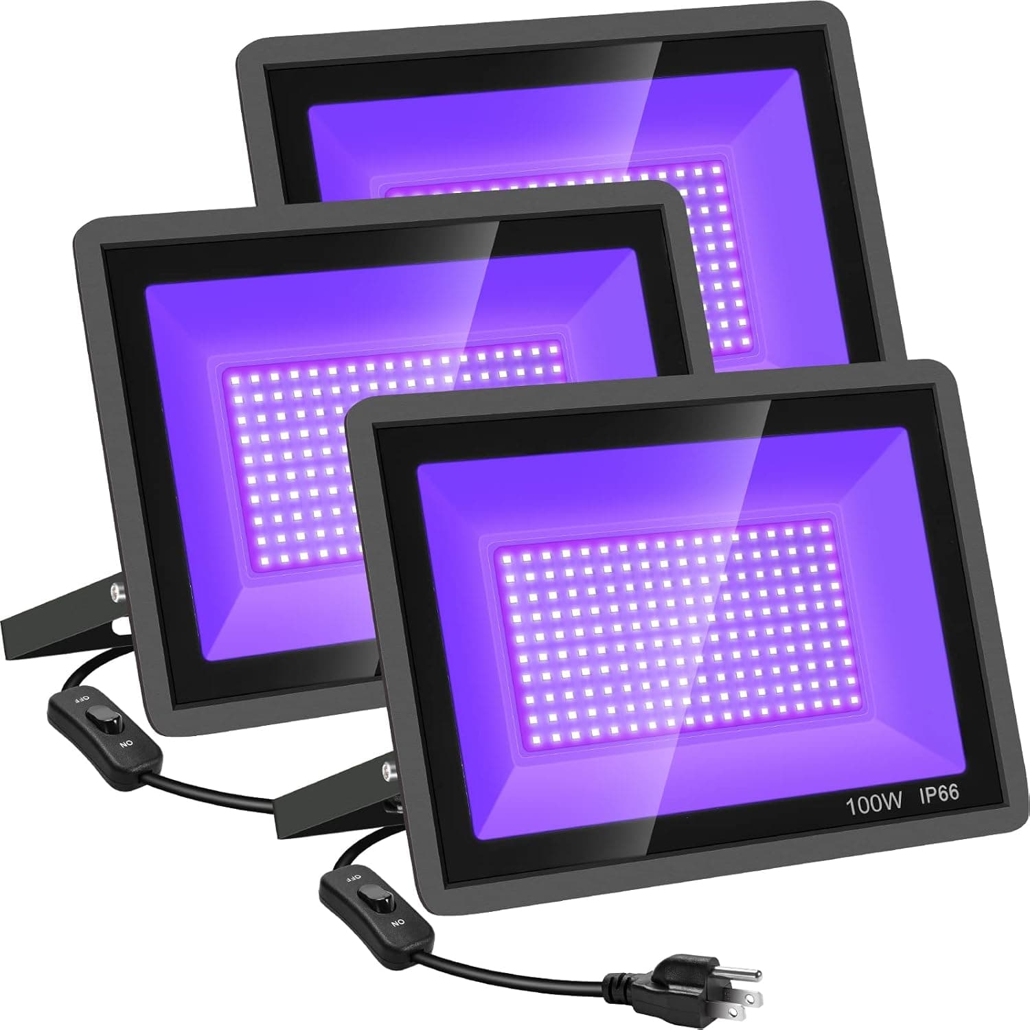 YANYCN 3 Pack 100W LED Black Lights, Blacklight Flood Light with Plug and Switch, IP66 Waterproof Blacklight for Halloween Party, Glow in The Dark, Stage Light, Body Paint, Neon Glow
