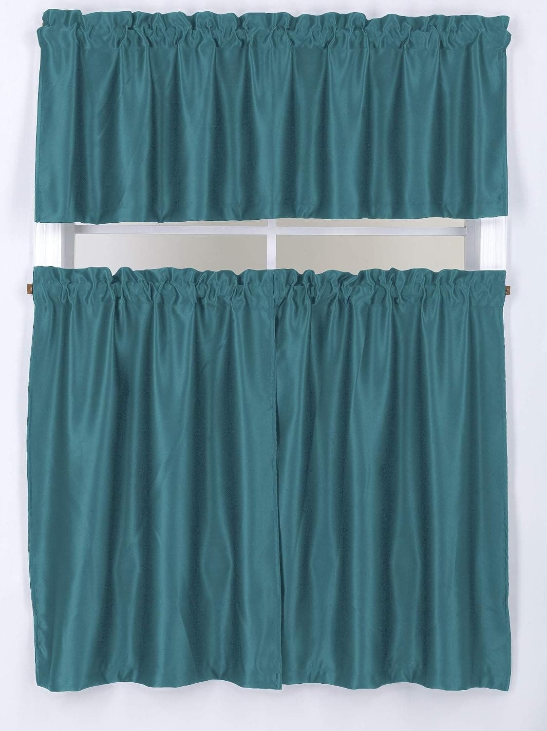 Sapphire Home 2 Tier (36"L) + 1 Valance (18"L) Blackout Solid Curtain Panels 54"W x 36" L, Rod Pocket, Soft Woven Fabric, Curtains for Kitchen or Small Window, Room Darkening Tier Panels, Turquoise