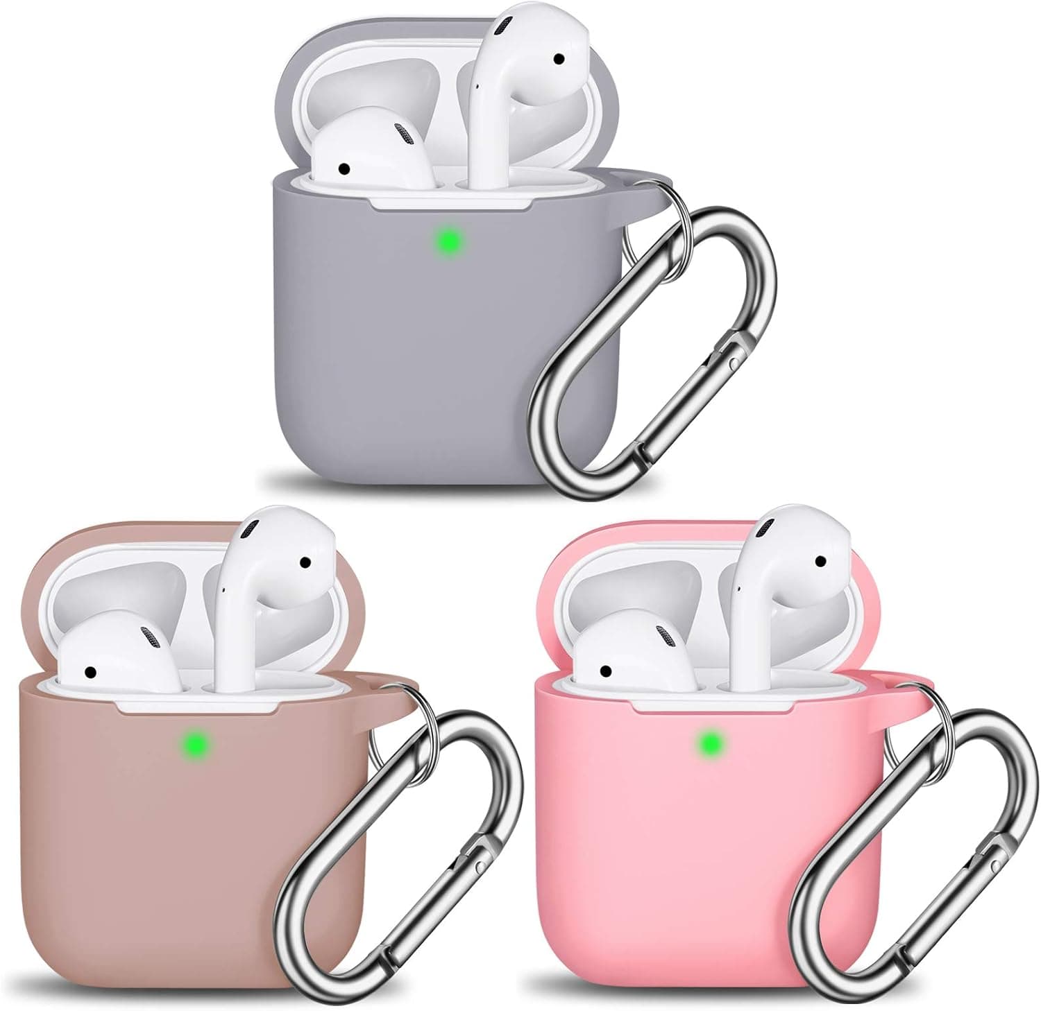 R-fun AirPods Case Cover, Silicone Protective Cover with Keychain for Women Men with Apple AirPods Series 1 Series 2 Charging Case, Front LED Visible -Pebble/Milktea/Pink