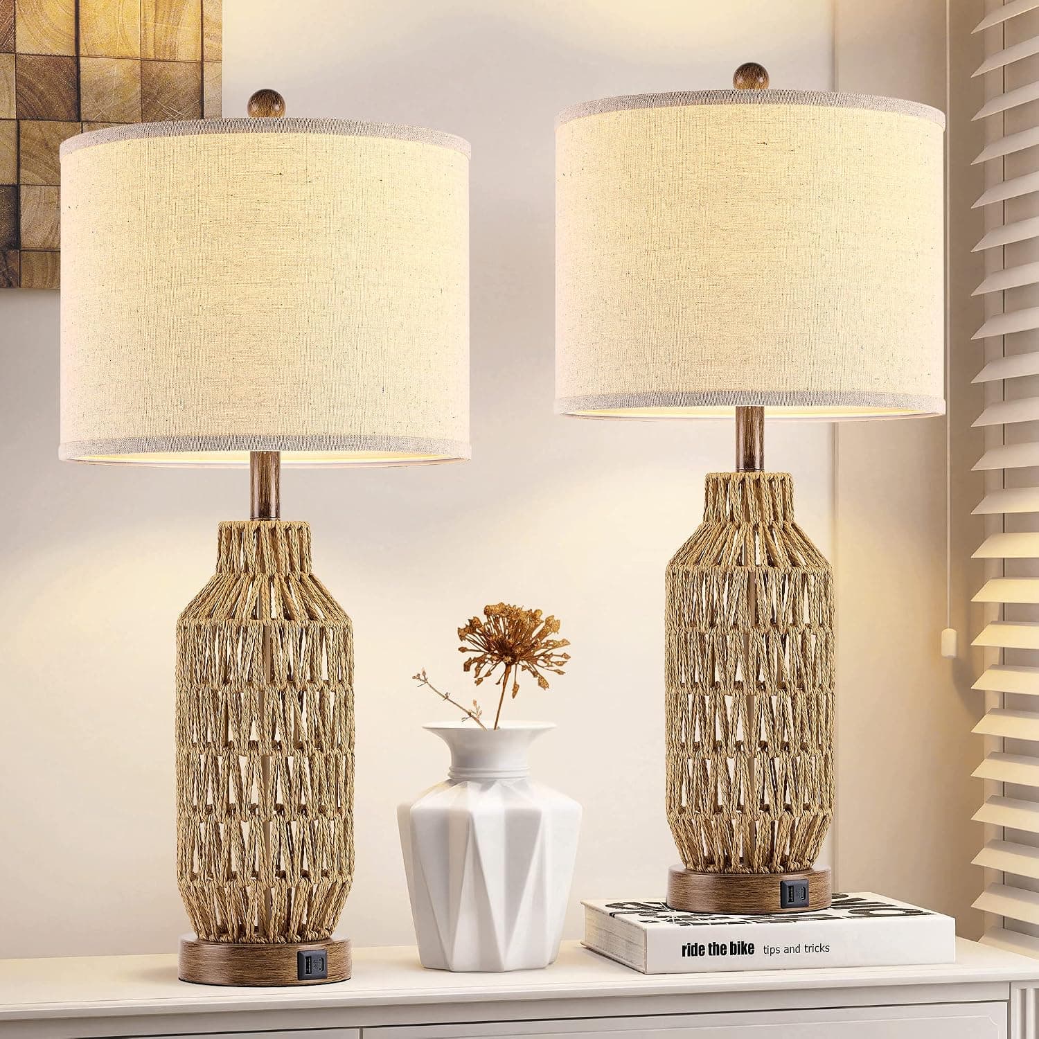 NDZMN 28" Touch Control Rattan Table Lamps for Bedrooms Set of 2, 3-Way Dimmable Nightstand Lamp with USB Charging Port, Bedside Table Lamp with Linen Shade for Living Room (LED Bulbs Included)