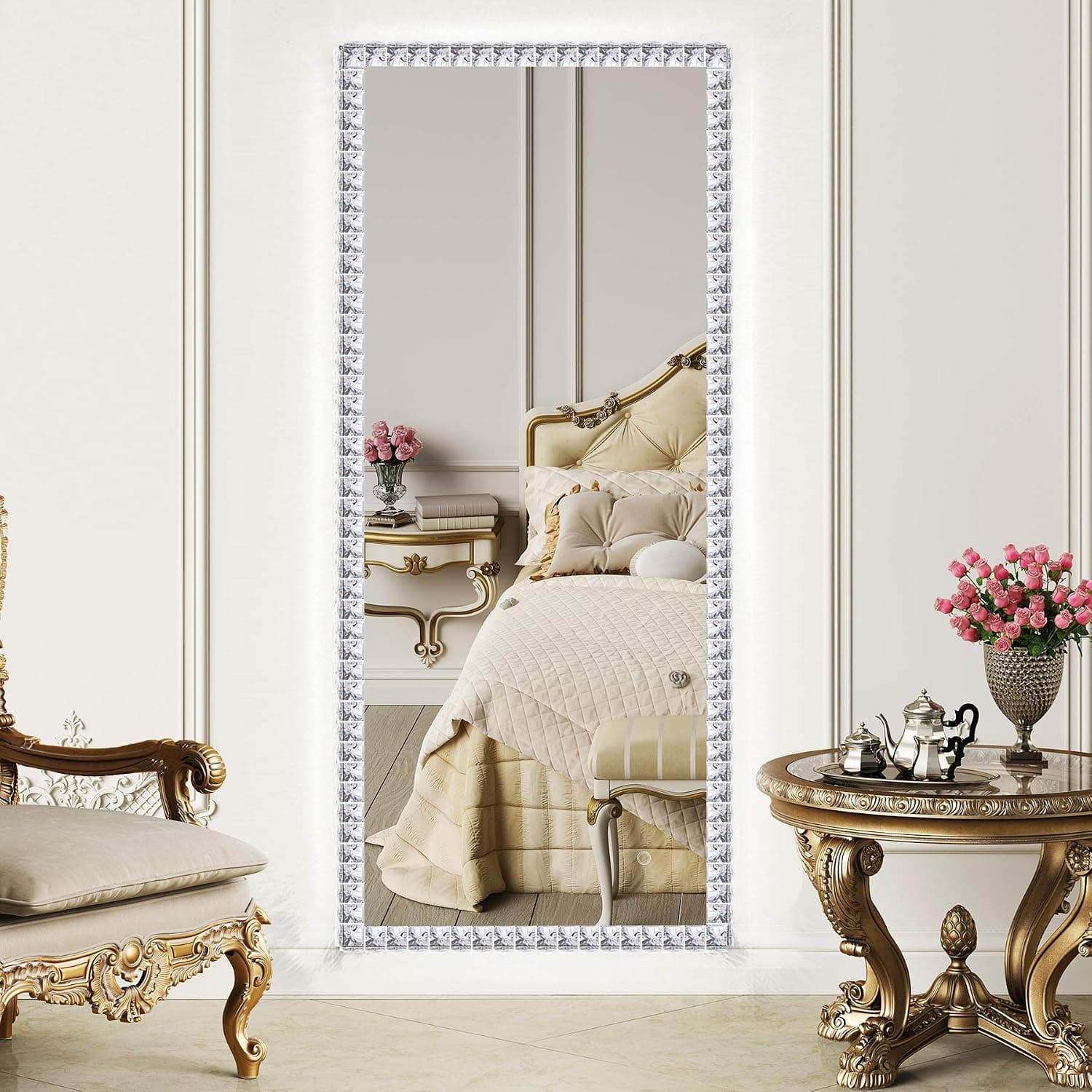 QiMH 55x24 Inch Wall Mounted Full Length LED Lighted Vanity Mirror with Crystal Faceted Diamond Frame, 3 Colors Adjustable and Dimmable, Bedroom and Bathroom Hanging
