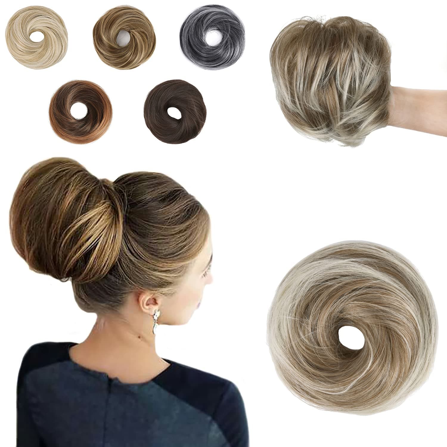 Elaine Straight Hair Buns Hair Piece Synthetic Messy Bun Scrunchies for Women Updo Bun Extension Ponytail Hairpieces for Women's hair (Chestnut Brown Tip Cyan Blonde -#93A)