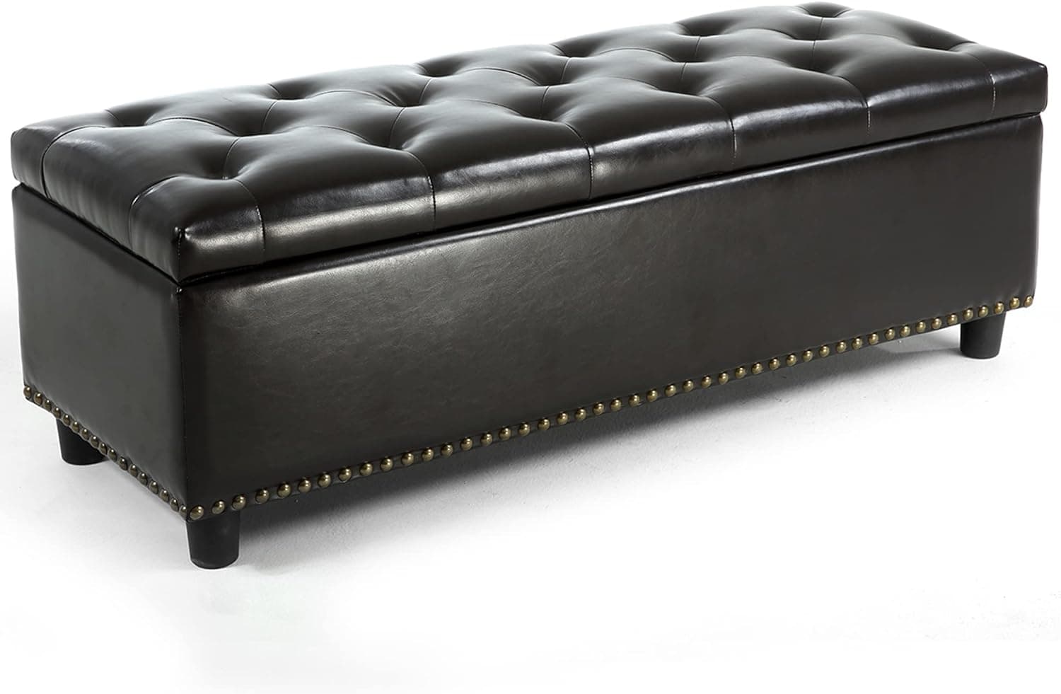 BELLEZE 47 Inch Storage Ottoman, Tufted Ottoman Faux Leather Storage Bench with Safety Close Hinge, Ottoman with Storage for Living Room, Entryway, Hallway, Foot Rest, Support 300lbs - Dark Brown