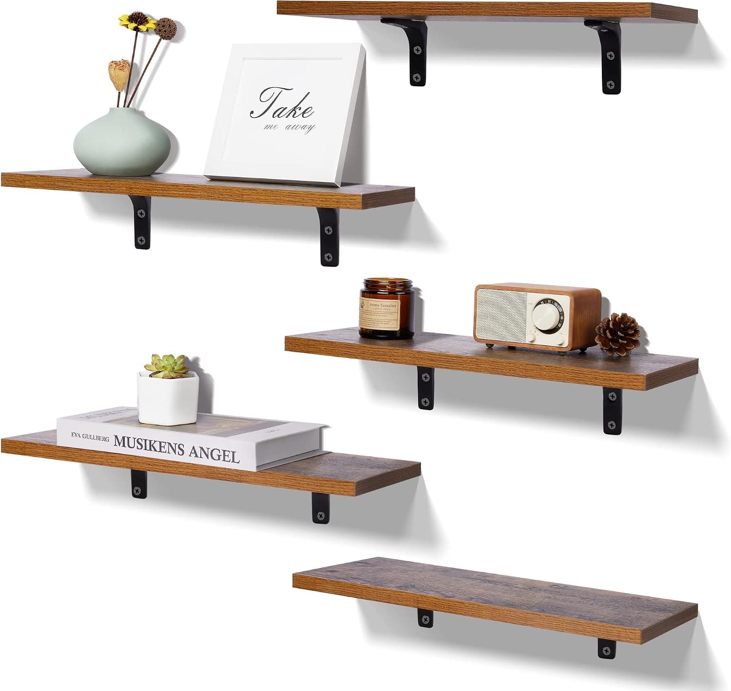 upsimples Floating Shelves for Wall Décor Storage, Wall Mounted Shelves Set of 5, Sturdy Wood Floating Shelves with Metal Brackets for Bedroom, Living Room, Bathroom, Over Toilet, Kitchen, Dark Brown