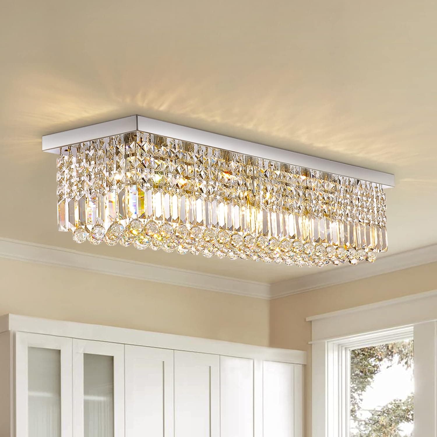 Siljoy Rectangle Chandelier, Modern Crystal Raindrop Chandelier with K9 Crystal, 6-Lights Flush Mount Ceiling Lights Fixture L31.5 X W10 X H10