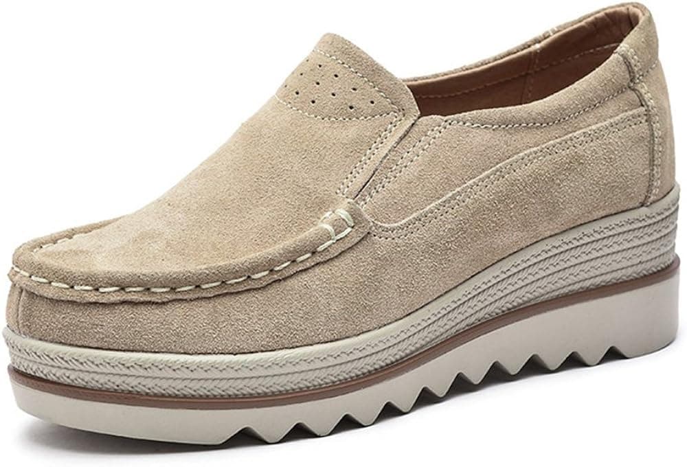 Eagsouni Women Platform Slip On Loafers Comfort Suede Casual Moccasins Low Top Mid Heel Wedge Penny Shoes