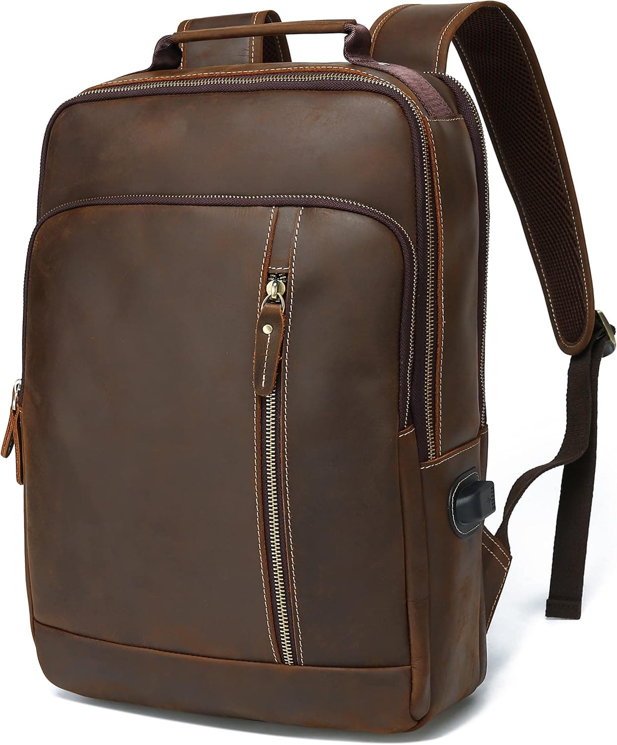 Hespary Vintage Full Grain Leather Laptop Backpack for Men 16" Laptop Rucksack Camping Business Hiking Daypack Brown