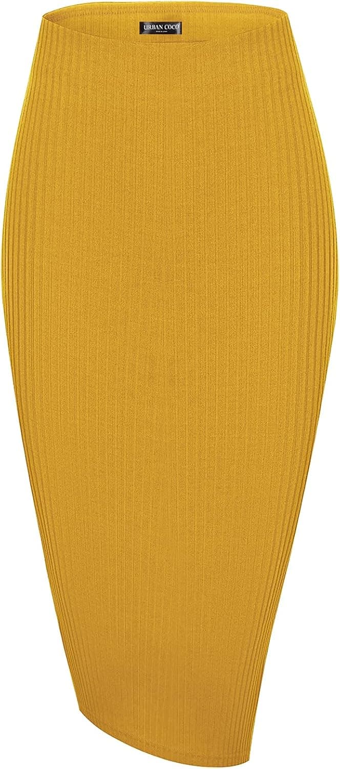 Urban Coco Elastic High Waist Knee Length Pencil Skirt Ribbed Knit Basic Tube Midi Skirt