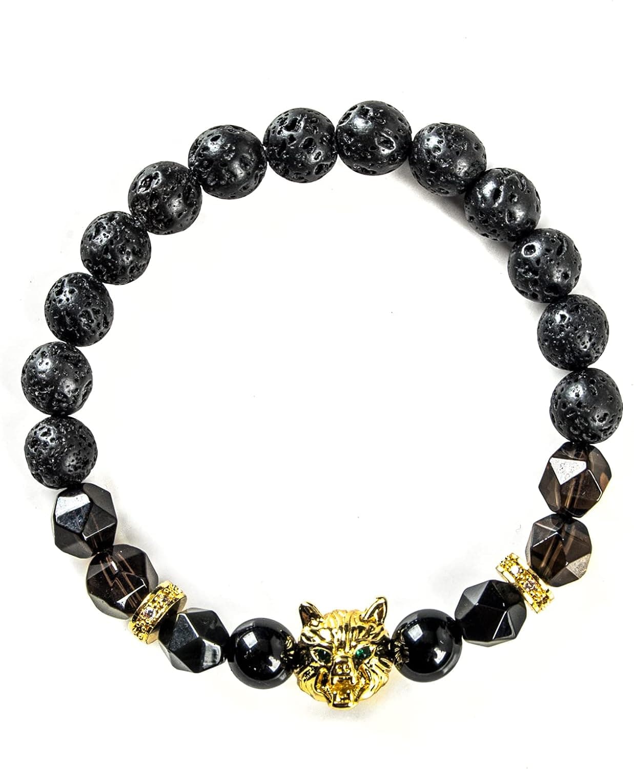 [Udjat] Wolf Bracelet,Wolf Bracelet for Men,Obsidian Bracelet, Onyx Bracelet, Black Onyx Bracelet, BLack Agate Bracelet, Triple Protection Bracelet,Gold Wolf Head Copper Bracelet For Men, Lava Rock Bracelet, Lava Rock Aromatherapy Diffuser Bracelet, Smoky Quartz Bracelet, Stretch Bracelets For Women, Feng Shui Bracelet, Good luck Bracelet, Entrepreneur Business