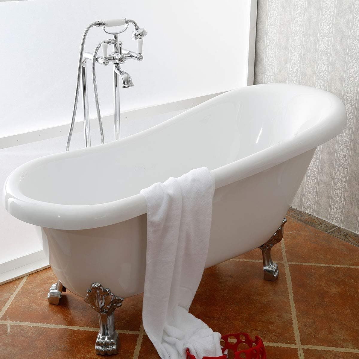 61 In Clawfoot Freestanding Bathtub-Pure White, Antique Soaking Oval Slipper Bathtub, Gracefully Shaped Tub with Chrome Brass Drain and Claw Feet for Bathroom, Acrylic, cUPC Certified (PW-1912)