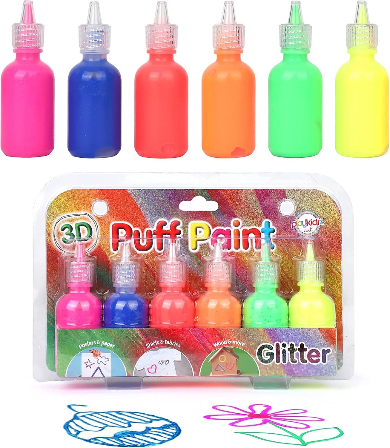 Playkidiz Puff Paint, 6 Pack 3-D Fabric Paint, Glitter Colors, Non-toxic Paint Set for Kids, Ages 3+