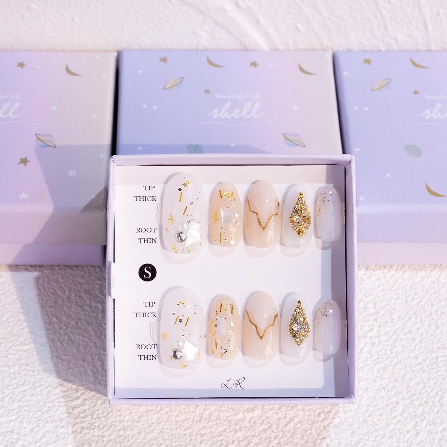 Light Rain Press on Nails - Palace, Luxury 3D Rhinestone Handmade White Reusable Gel UV Finished Bling False nails, Hand-Painted with Design by Professional Manicurist, Medium Oval,  Small Size