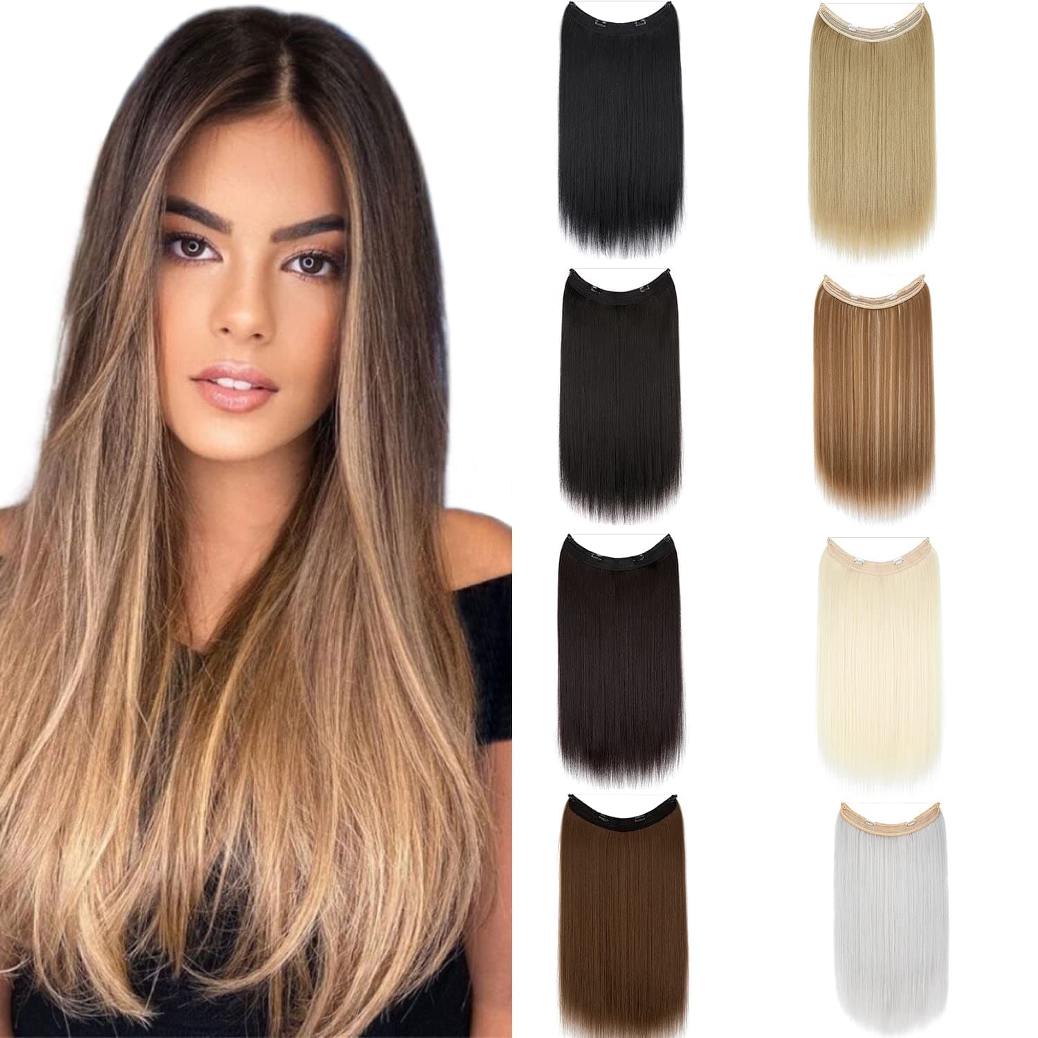 XBwig Hair Extensions Straight Invisible Wire Extension Adjustable Fish Line Clip in Hairpiece 24 Inch for Women Heat-resistant Synthetic Fiber
