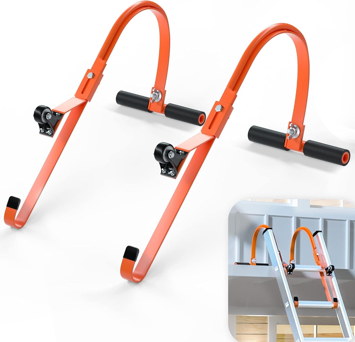 GAAKY Ladder Roof Hook 2 Pack with Wheel Heavy Duty Steel Ladder Stabilizer, Roof Ridge Extension, Rubber Grip T-Bar for Damage Prevention, 500 lbs Weight Ratin, Fast & Easy to Access Steep Roofs