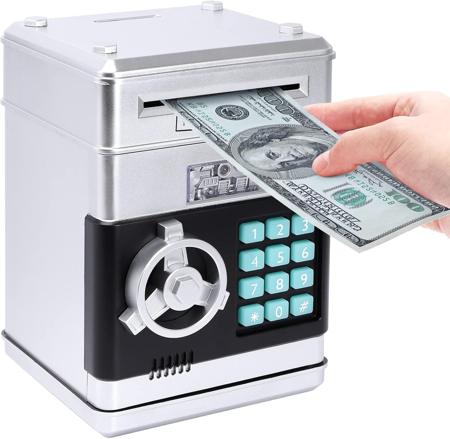 PhilaeEC Piggy Bank for Girls and Boys, Kids Real Money Saving Box Auto Scroll Paper Money Bank, Electronic ATM Cash Coin Bills Can Money Bank for Children, Best Birthday & Xmas Gift for Kids - Silver