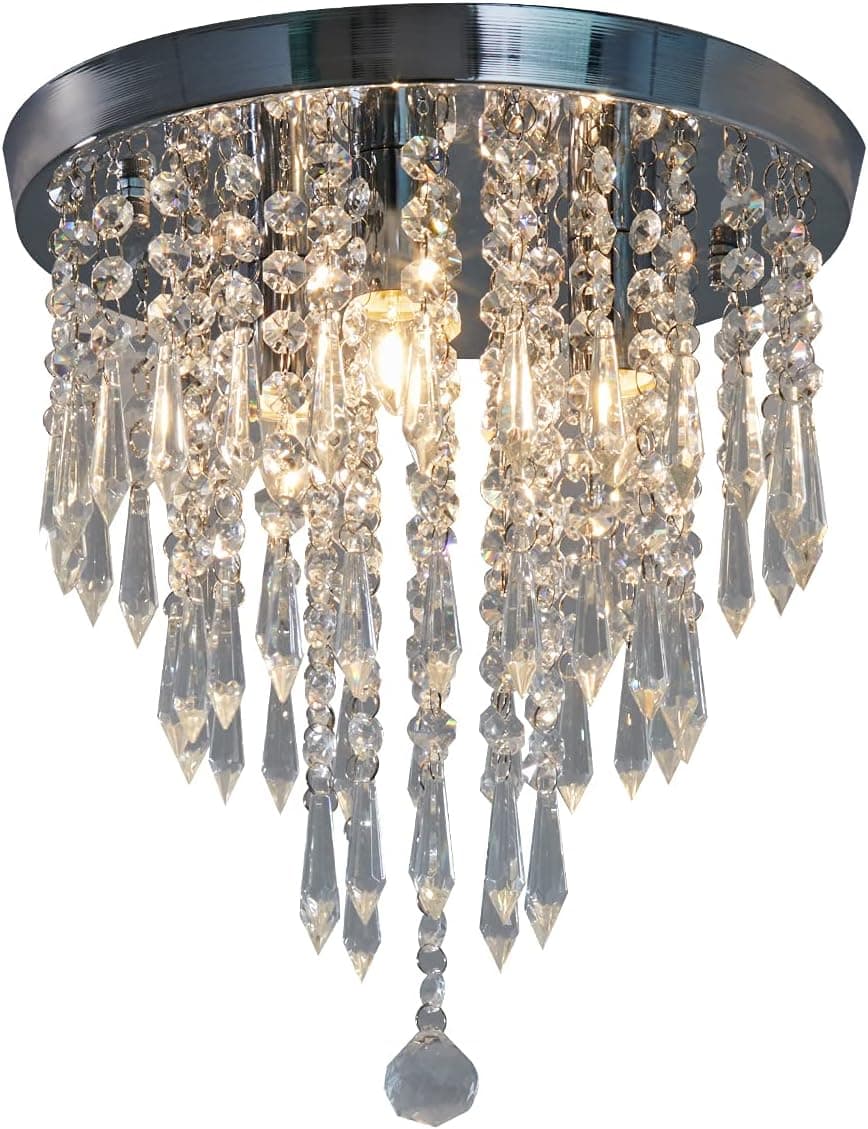 3-Light Crystal Chandeliers，Mini Crystal Light Fixtures Ceiling Mount，H11.8'' x D11.4'', Modern Lamp Ceiling Decor, Vrupin Flush Mount Ceiling Lights for Bedroom, Kitchen, Hallway, Closet