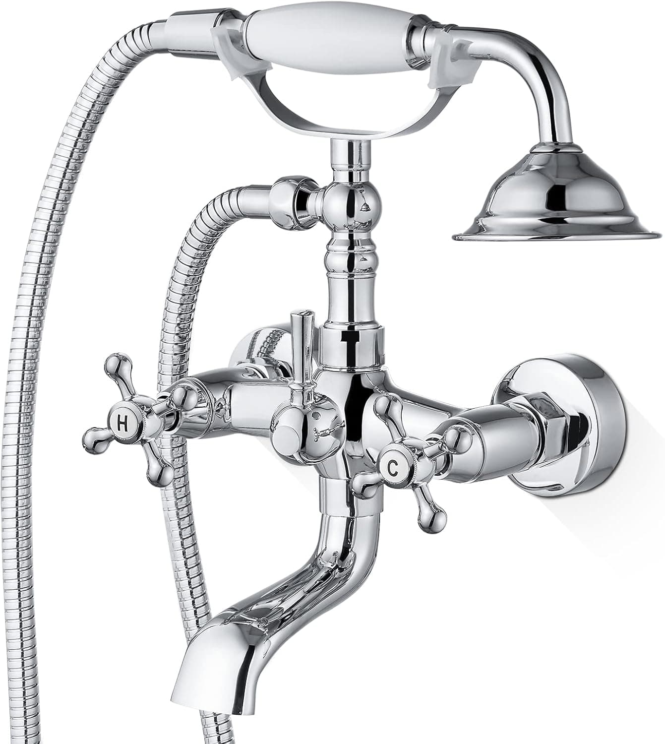Airuida Wall Mount Bathroom Faucet Chrome Polish Tub Shower Faucet Kit WithTelephone Shaped Handheld Shower Sprayer Hot and Cold Water Mixer Tap Shower Vintage Style Double Cross Handles