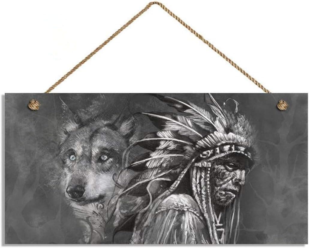 INNAPER Wolf and Chief Sign, Relationship Between Wolf and Native American, 5" x 10" Sign, Spiritual Sign, Unique Gift（W7088）