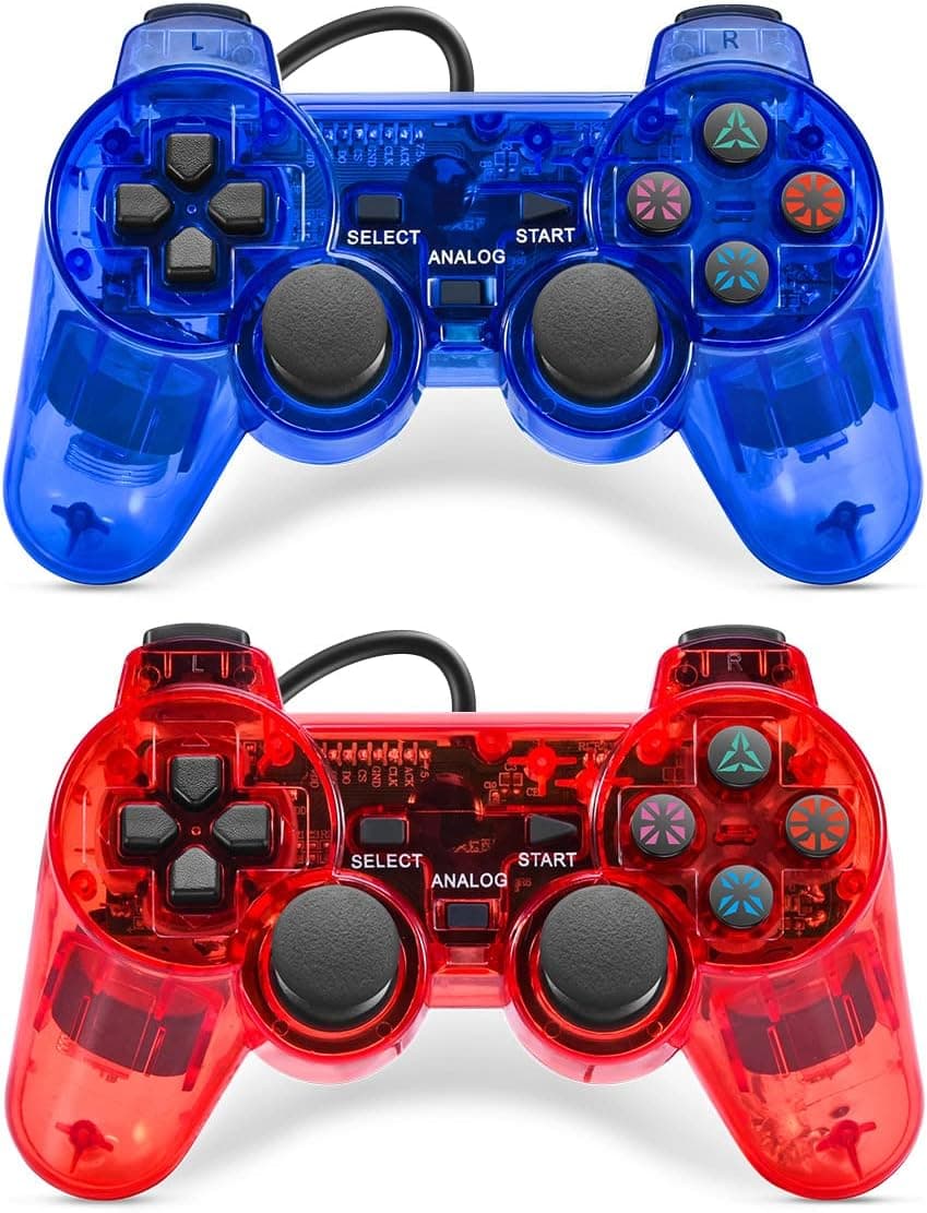Cipon Wired Controllers Compatible with PS-2 Console, 2 Pack Vibration Gamepad Remote with 2.2M Cable (Red&Blue)