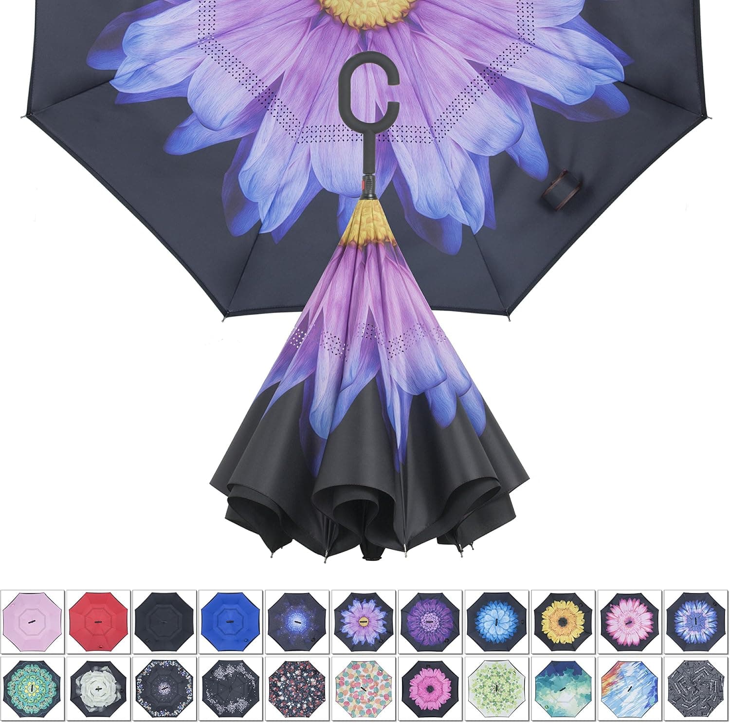 DealBang Inverted Double Layer Umbrella Reverse Umbrella,Windproof Tested UV Protection Big Straight Umbrella for Car Outdoor Use with C-shaped Free Handle and Carrying Bag (Purple Flower)