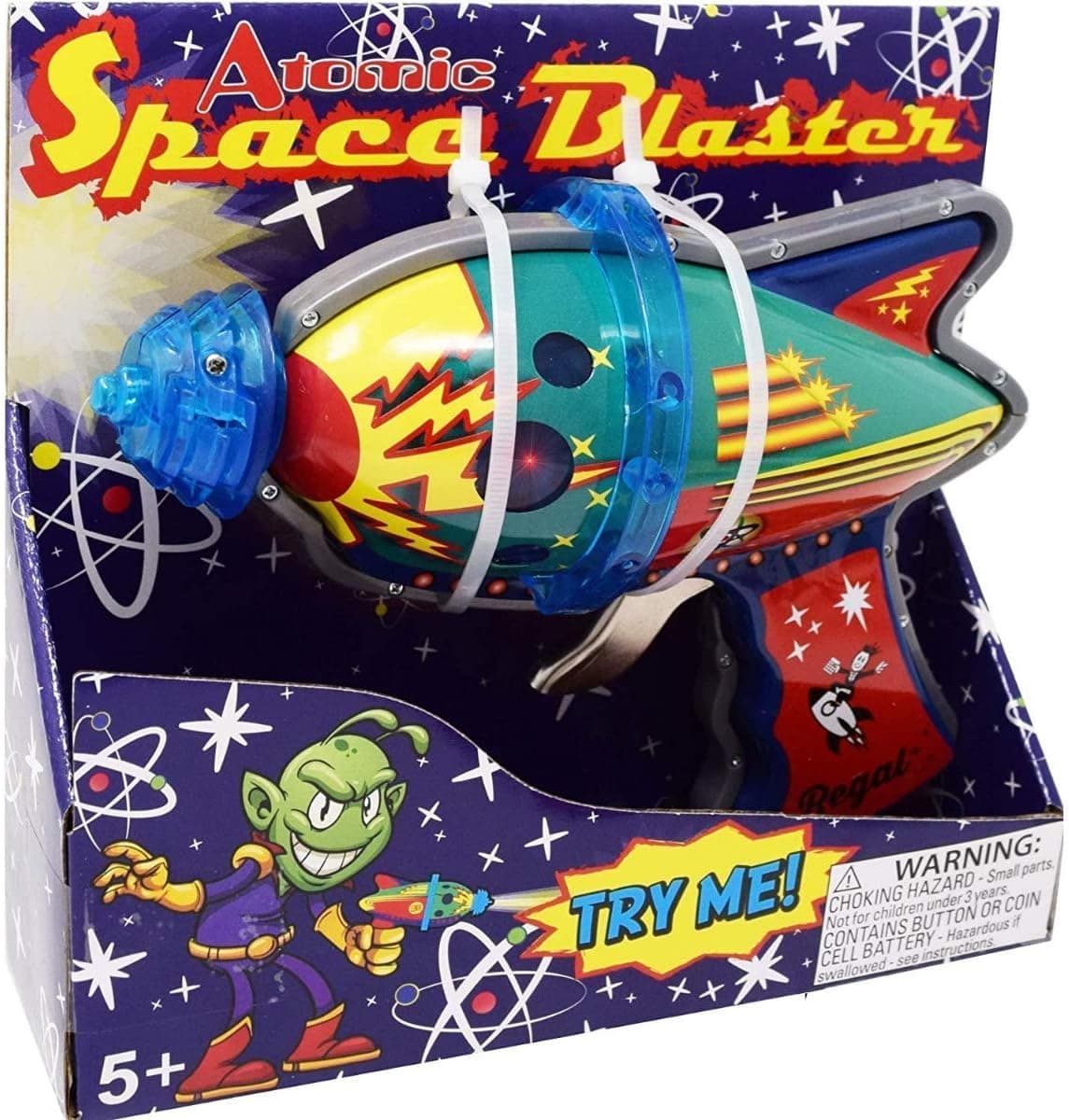 Regal Games Tin Atomic Space Blaster Toys with Revving Gears and Cosmic Light Up Effect (2 Pack)