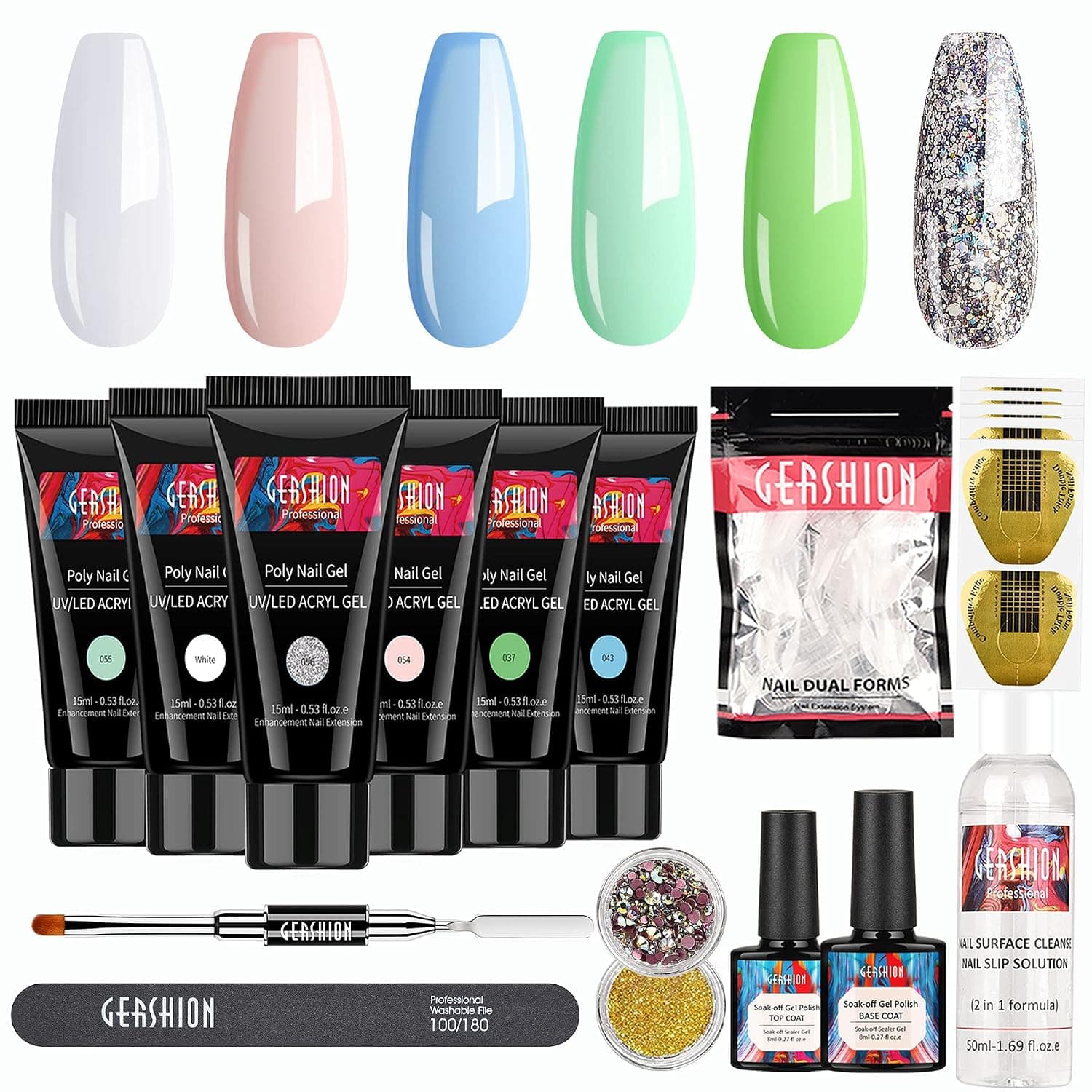 Gershion Poly Nail Gel Kit 6 Colors Nail Extension Gel Set with 50ml Slip Solution and Base Top Coat Polly Jell Nail Kit Clear Pink Nail Art Beginner French Kit Nail Salon DIY at Home S-39
