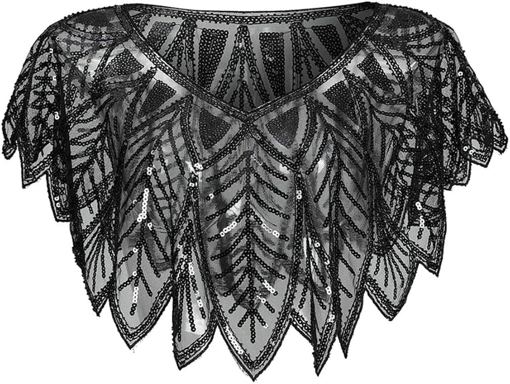 Jade Hare Women's Vintage 1920s Mesh Lace Sequins Beaded Pullover Evening Cape Wraps Shawl Flapper