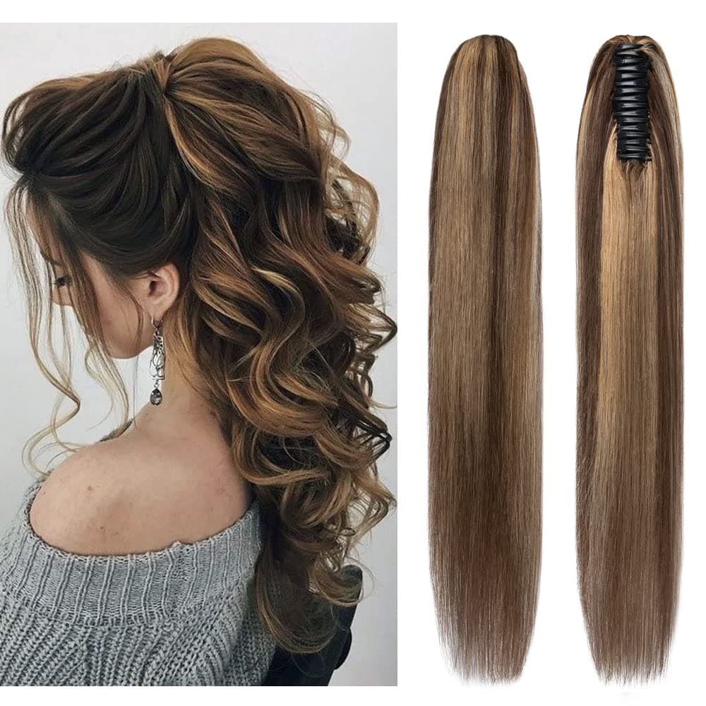Rich Choices Claw Clip Ponytail Extension Human Hair Real Hair Ponytail Balayage Medium Brown Highlighted Dark Blonde 18 Inch 115g One Piece Clip In Long Ponytail Hair Extension For Women #4P27