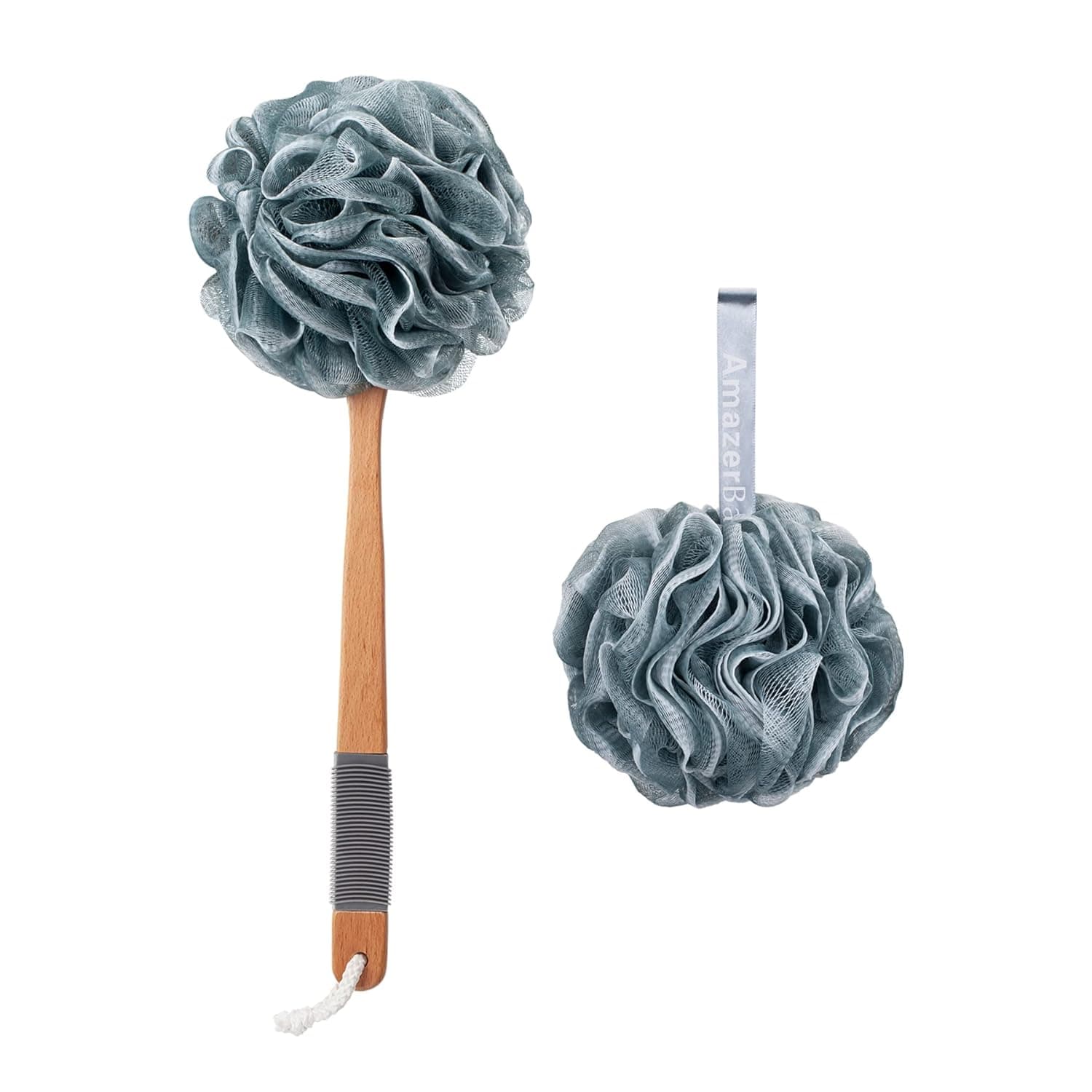 AmazerBath Shower Sponge Loofah Back Scrubber, PE Soft Mesh Loofah Body Scrubber with Long Wooden Handle, Bath Sponge for Men Women (Gray)