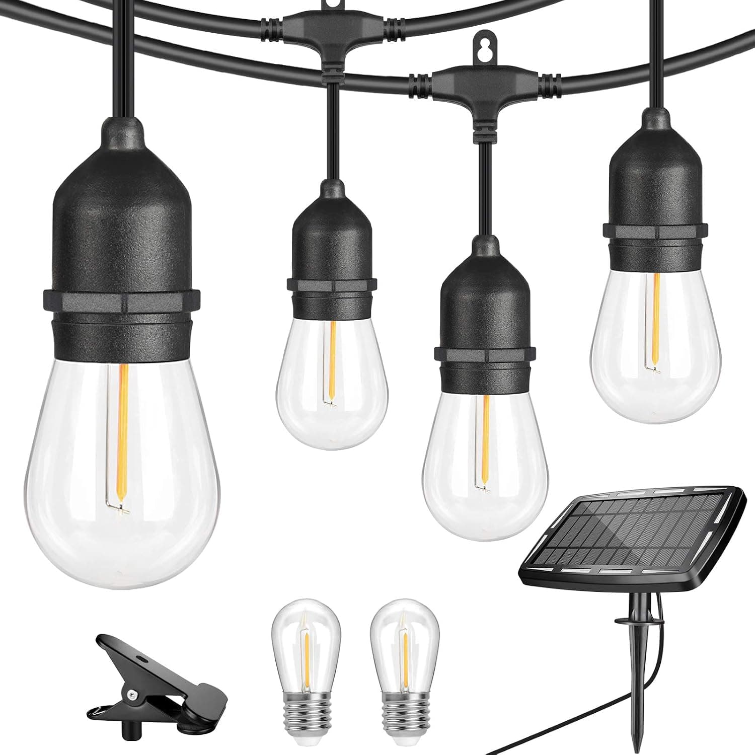 WENFENG 48ft Edison Solar String Lights Outdoor, USB&Solar Powered 4 Light Modes, 15+2 Shatterproof Led Bulbs Camper Lights, Waterproof Vintage Patio Lights for Garden, Porch, Backyard (Warm White)