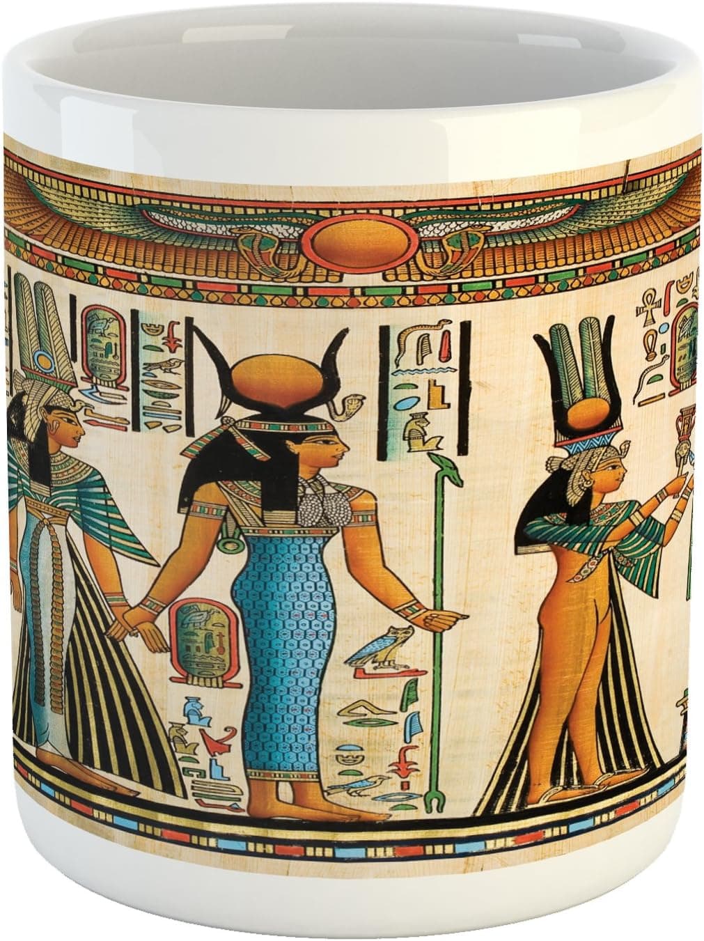 Lunarable Egyptian Print Mug, Egyptian Papyrus Depicting Queen Nefertari Making an Offering to Isis Image, Ceramic Coffee Mug Cup for Water Tea Drinks, 11 oz, Teal Orange