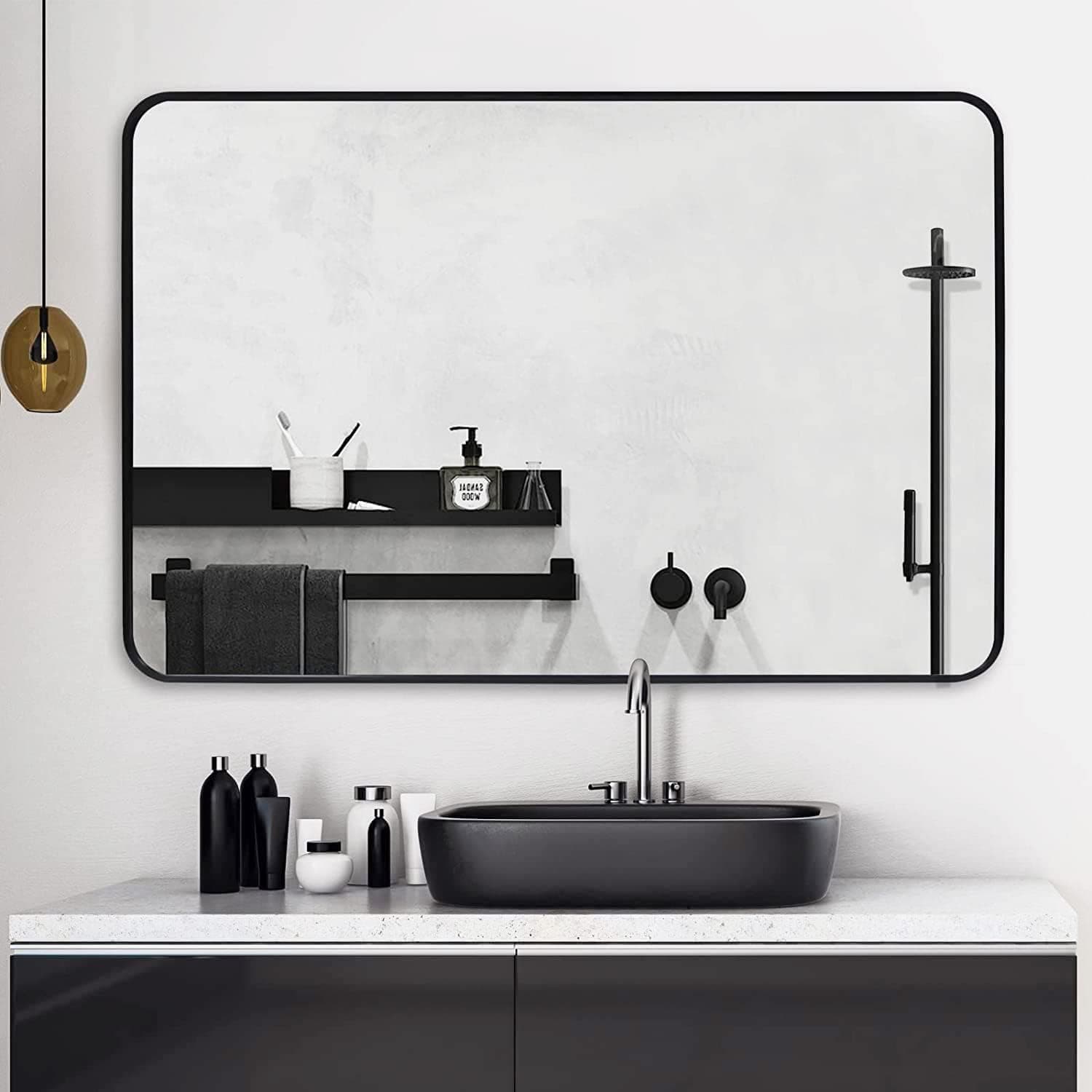 FuQiBasics Large Black Aluminum Mirror for Bathroom, Wall Mirror 30"x40" Glass Panel Vanity or Mirrors for Wall, Rounded Corner Rectangle Hangs Horizontal or Vertical